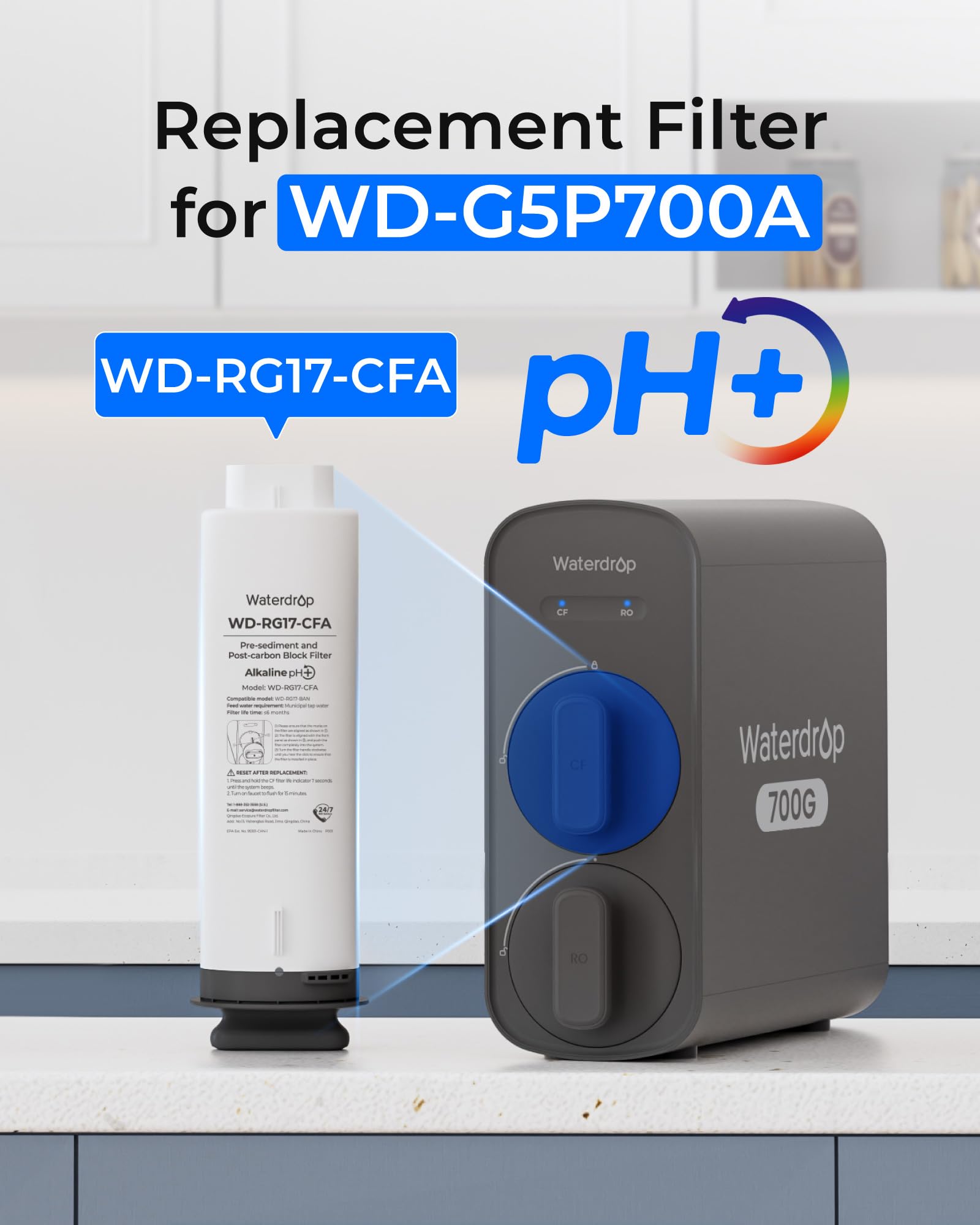 Waterdrop WD-G5P700A-CF Filter, Replacement for WD-G5P700A Undersink Reverse Osmosis System, 6-Month Lifetime - Image 2