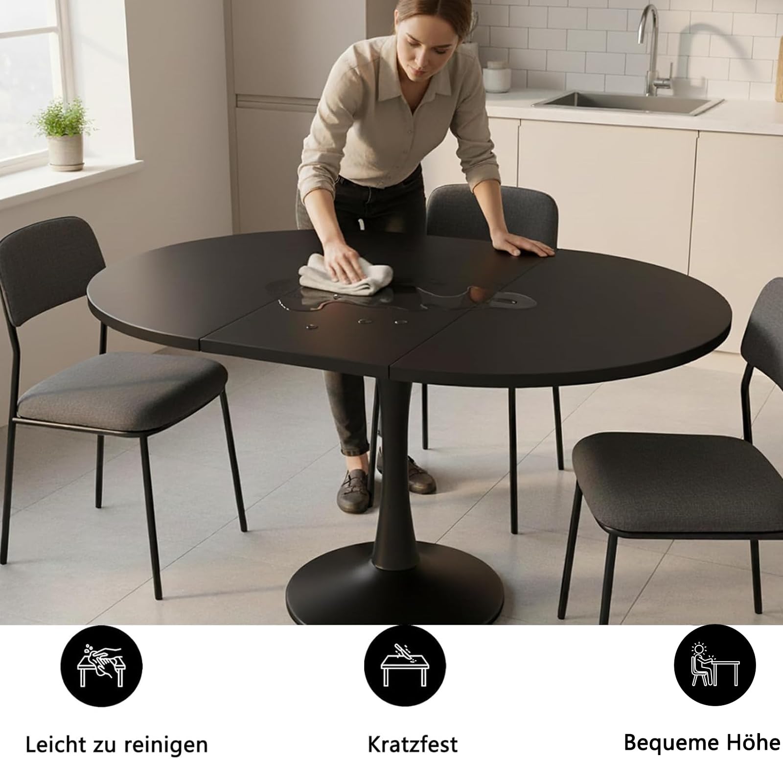 Exble Tavolo da pranzo rotondo nero 100 140 x 100 x 75 cm tavolo da cucina moderno per 2 6 persone versatile sala da pranzo pelliccia per multi funzioni