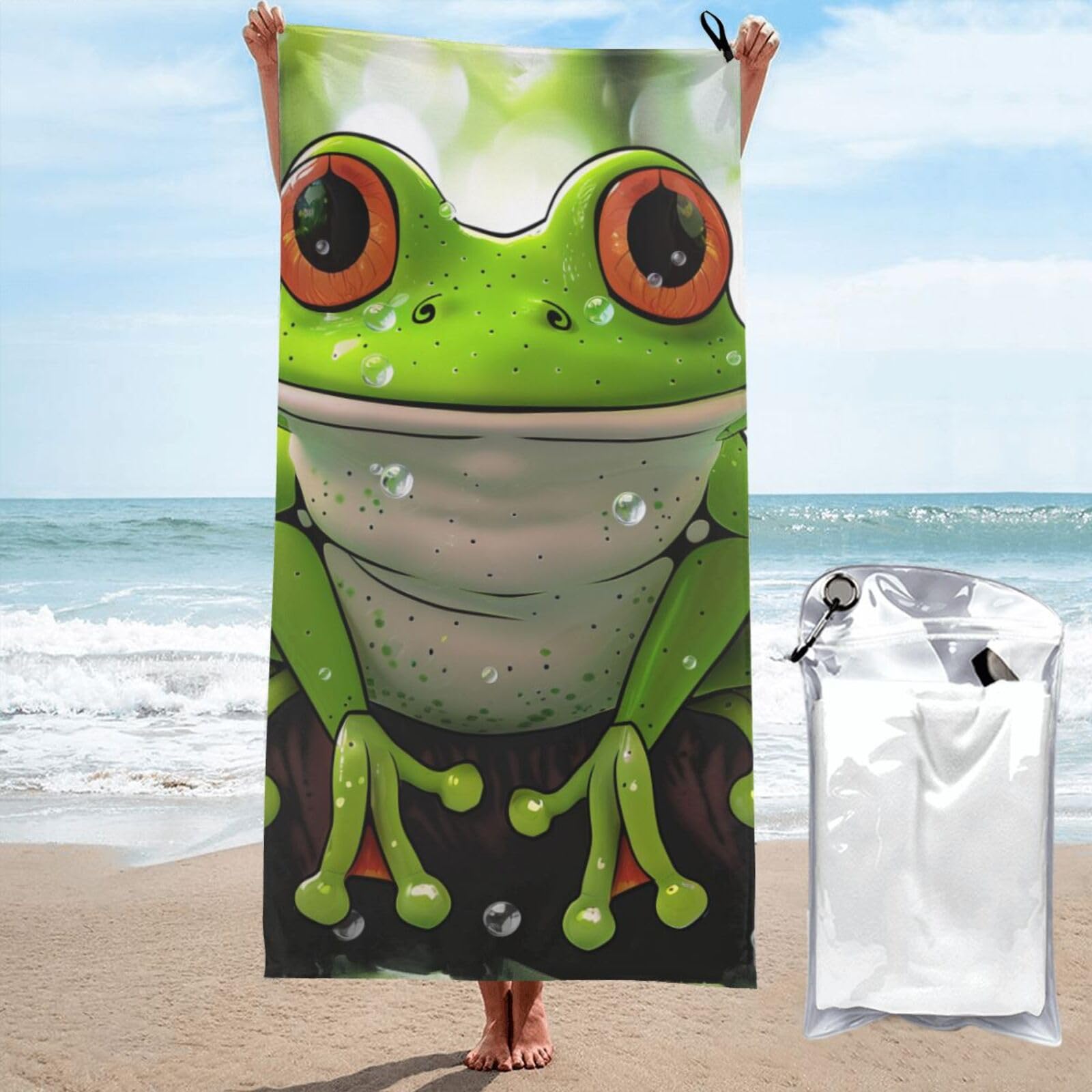 kkvhhyuo Microfiber Beach Towel, Cute Frog Art Printed Lightweight Quick Dry Travel Bath Sheet with Compact Carry Bag for Swimming Yoga Camping Gym,31.5"x63"