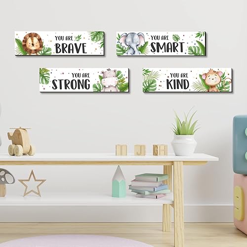 Miniatura 4 de UBLURO Arte de pared de animales de la selva de 4 piezas, decoración de pared motivacional, impresiones colgantes de madera, decoración de