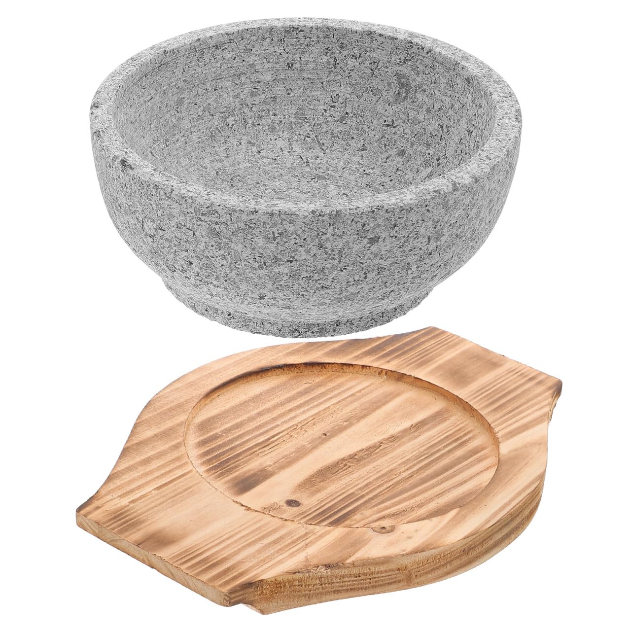 ULTECHNOVO Tazón de Bibimbap, Tazón para Mezclar y Servir de Piedra y Madera, Redondo, 16cm, 600ml, con Bandeja, Mantiene el Calor, para Cocina y Comidas Coreanas