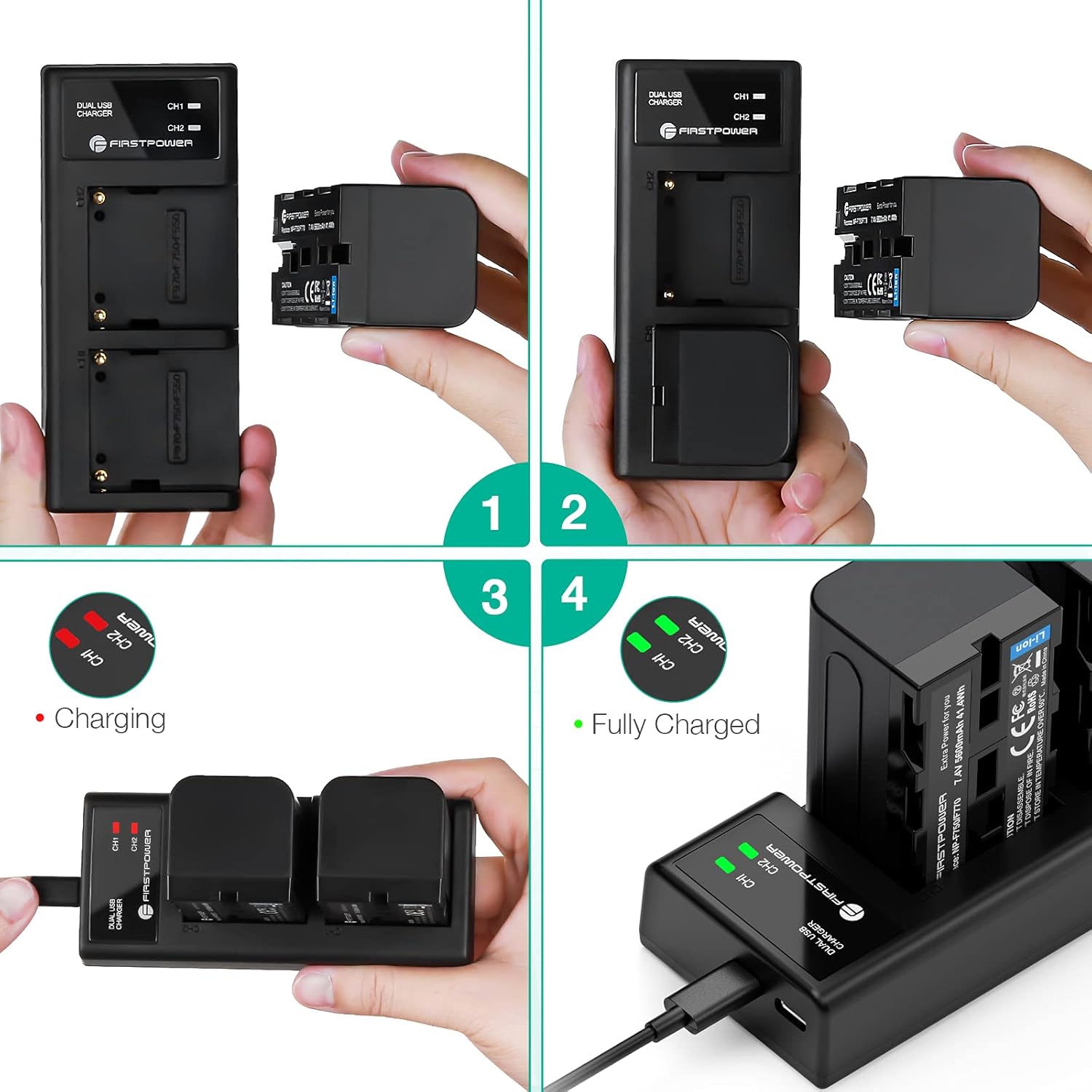 FirstPower Dual USB Charger with batteries being inserted and charging indicators
