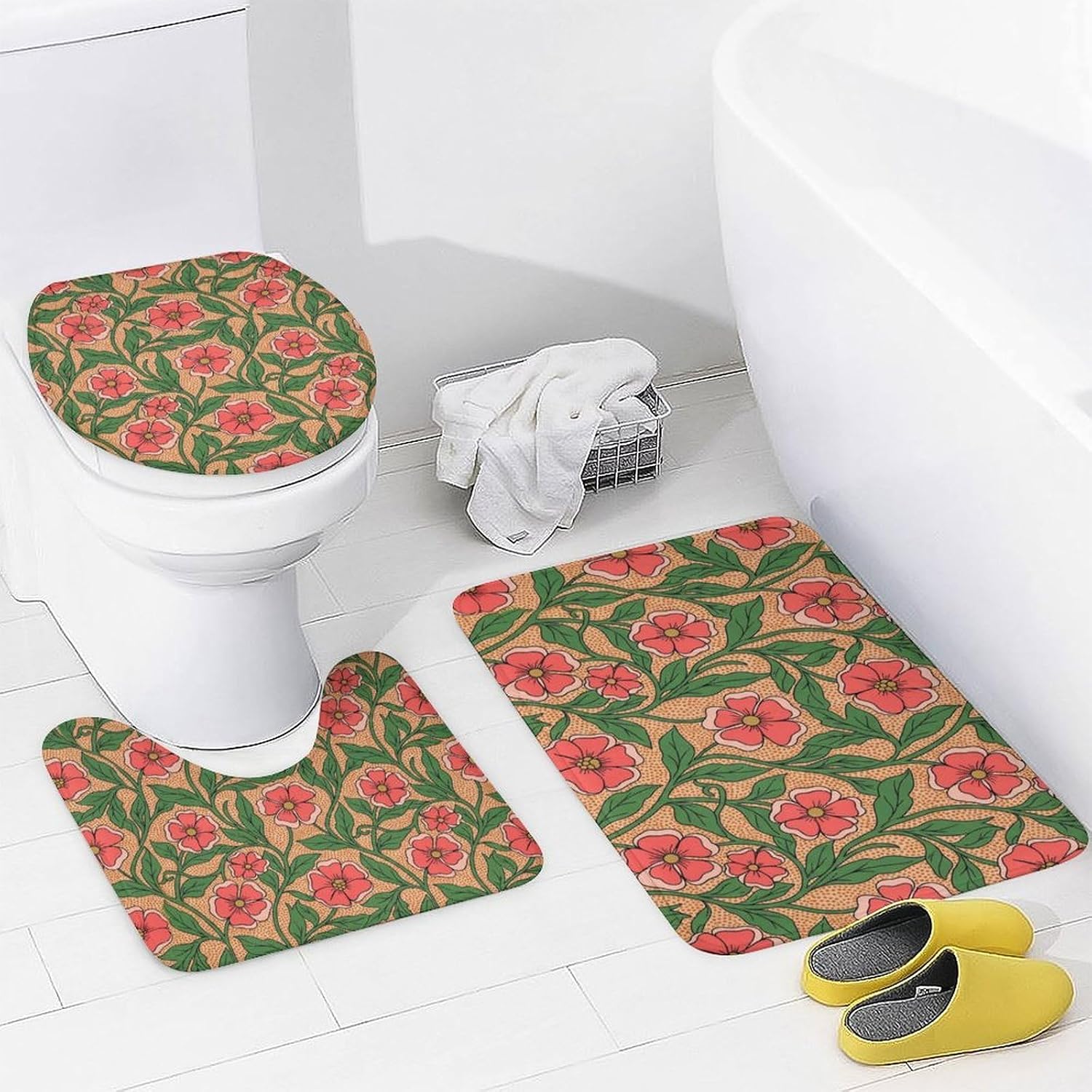 4 Piece Bathroom Sets with Toilet Rugs Art Nouveau Pink Floral in Orange Waterproof Bathroom Decor Accessories with 12 Hooks Retro Holiday Decor Gift image 4