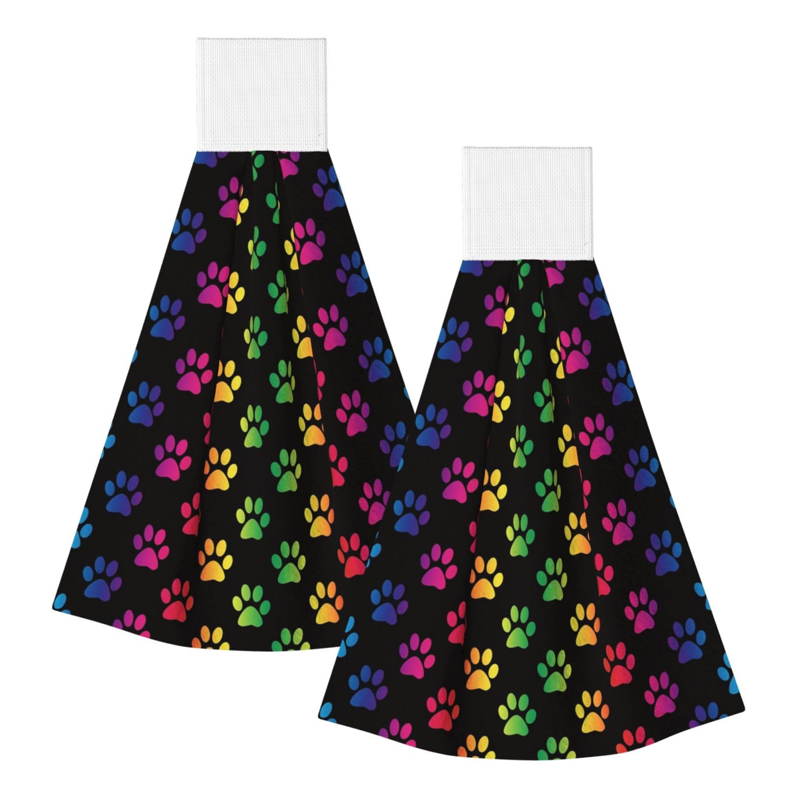DOPKLNA Rainbow Colorful Dog Paw, 2 Pcs Hanging Coral Fiber Hand Towels for Bathroom, Absorbent Kitchen Towels