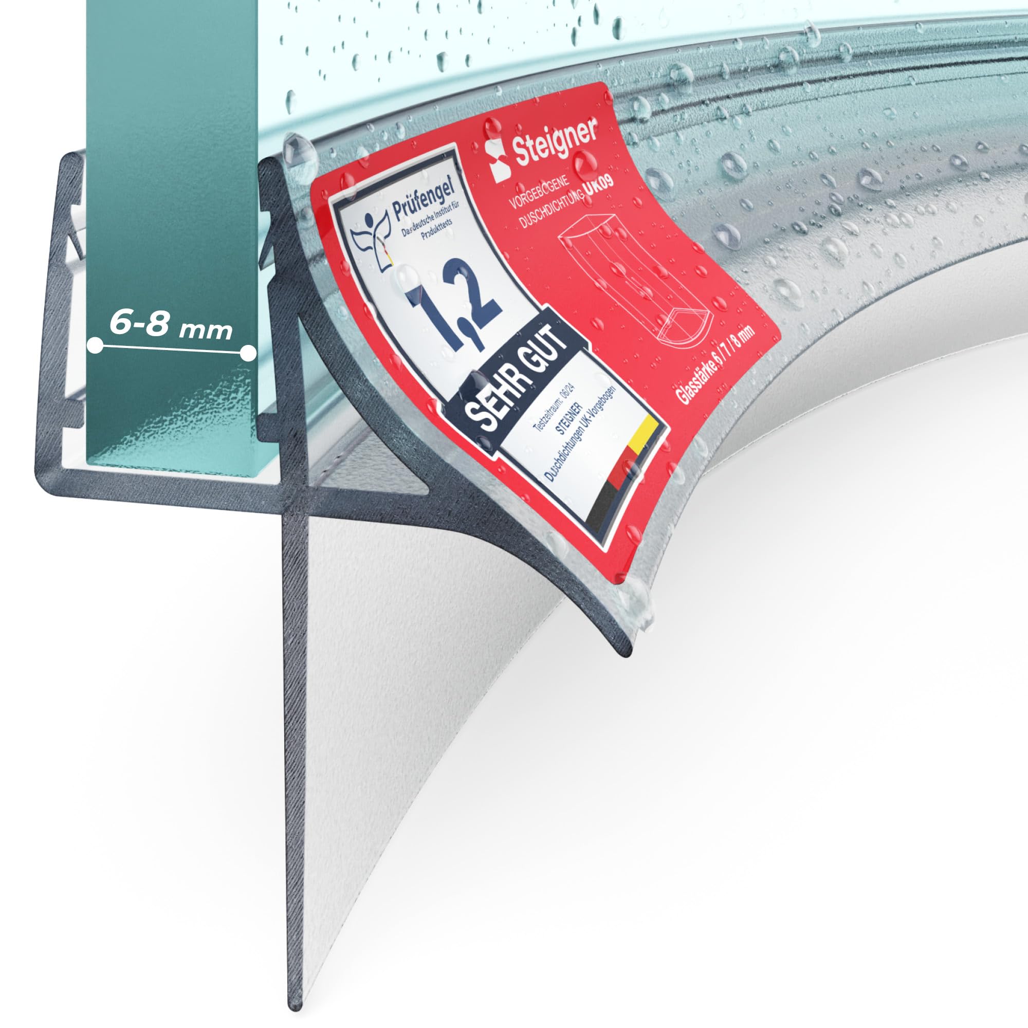 STEIGNER Duschdichtung vorgebogen 50cm UK09 (1 Stk.) transparent - Vorgebogene Bodendichtung für Runddusche oder Duschkabine Viertelkreis mit Duschtür 6-8 mm - Flexibles Material, Perfekte Passform