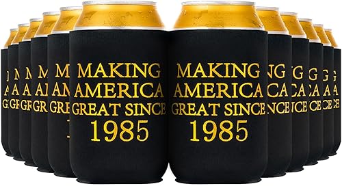 Miniatura 1 de Crisky Funda térmica para latas de cerveza de cumpleaños número 40, decoraciones de oro negro, ideal desde 1985, enfriadores de neopreno para