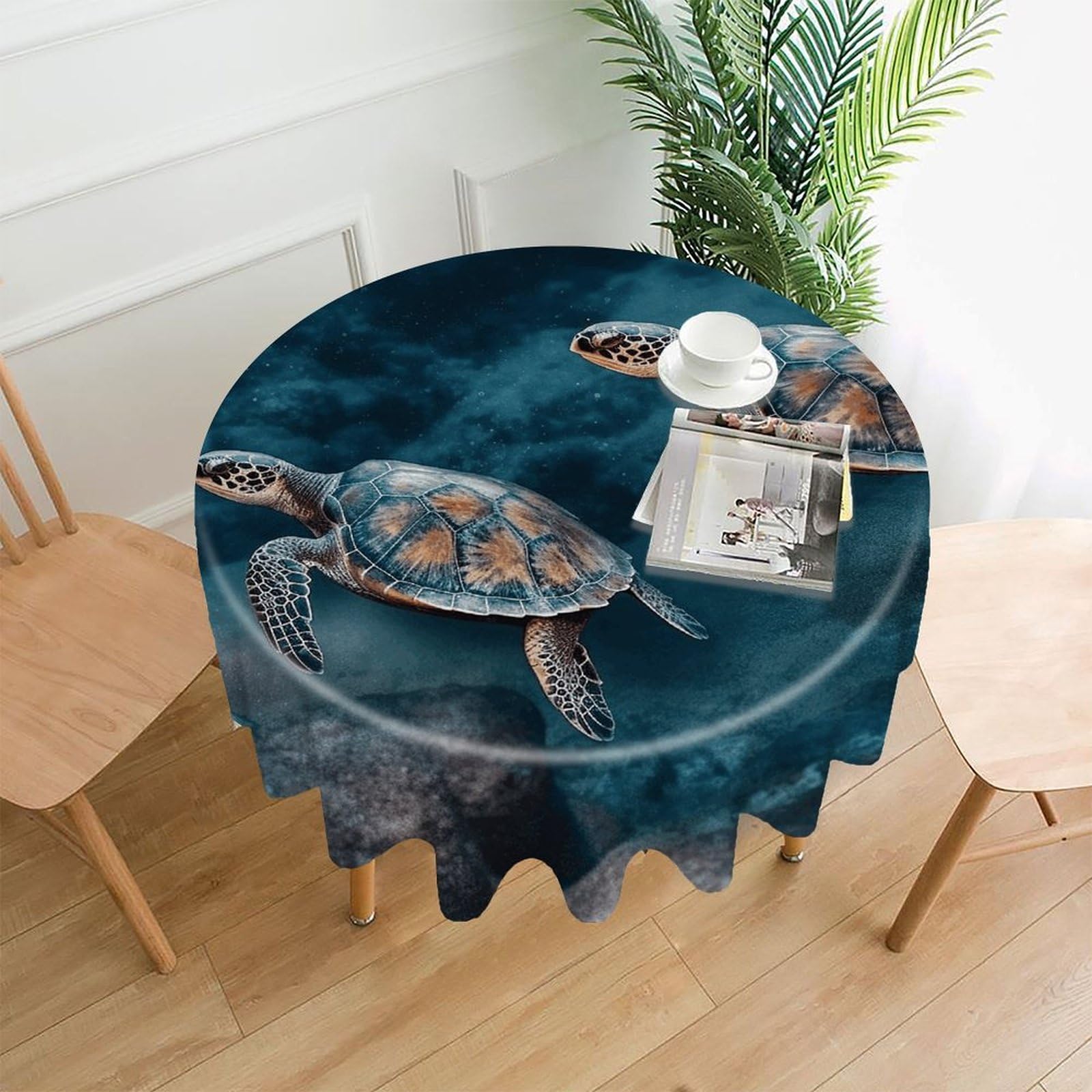 FekiLoot Turtle Swimming in The Sea Round Tablecloth Cover 60 Inch Wrinkle Free Washable Polyester Fabric Table Cover Decorative Round Table Cloth for Home Dining Kitchen Party Farmhouse