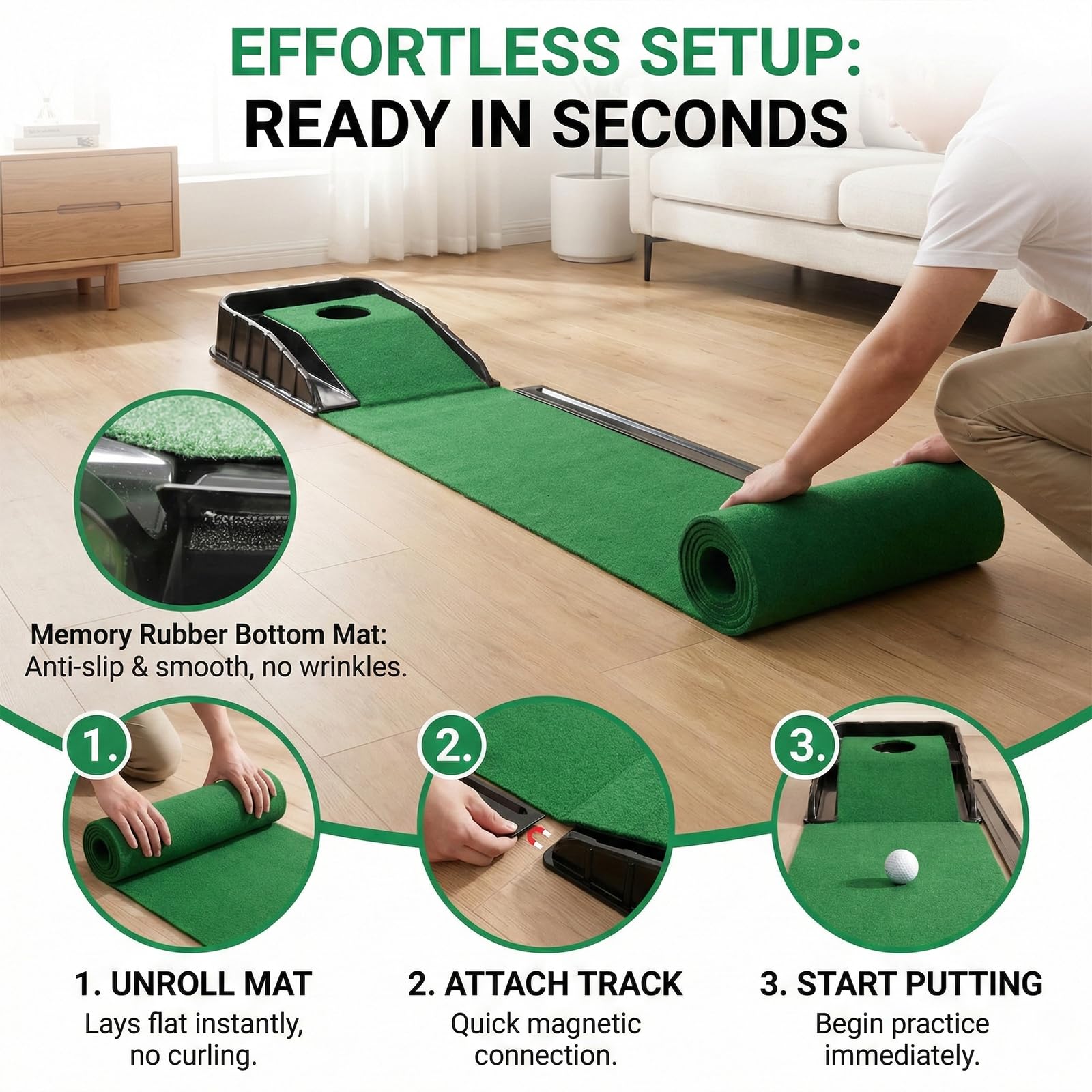 Tapis de golf vert d'intérieur avec retour automatique de balle et 3 trous, entraînement à domicile et aide à la pratique pour homme, tapis de golf adapté pour bureau, salle de loisirs, terrasse
