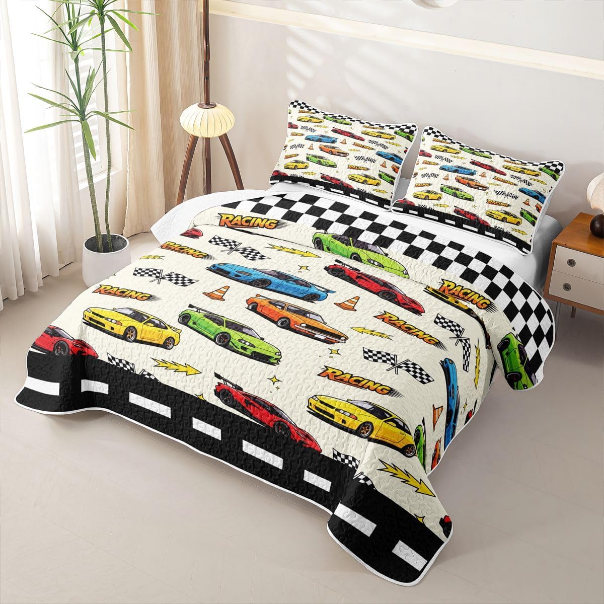 Cartoon Sports Car Twin Size Quilted Bedspread,Black White Checkerboard Coverlet Set,Racing Flag Track Microfiber Lightweight Quilt Bedding,Extreme Competition Bed Covers for All Season,1 Pillowcase