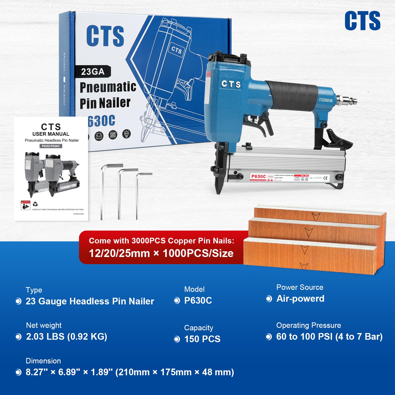 P630C - Chiodatrice pneumatica con pin da 23 gauge, 3000 chiodi inclusi, pistola con pin senza testa e grilletto di sicurezza, adatta per chiodi da 12 a 30 mm, micro pin per armadi