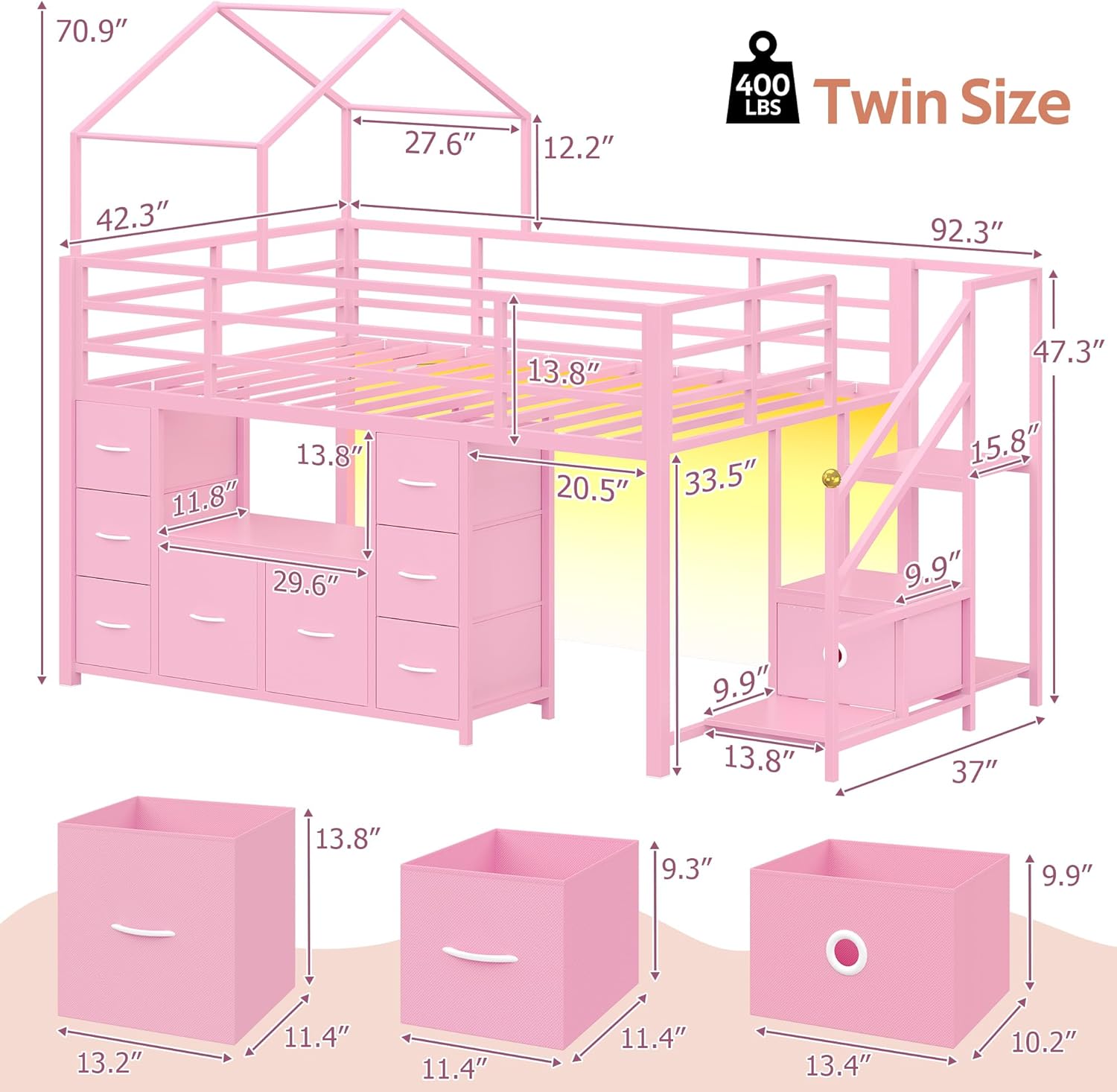 Twin Loft Bed, Low Loft Bed, Metal Kids Loft Bed, Twin Bed Frames for Kids, Under-Bed Play Space, 9 Drawers, 2 Open Shevles, LED Lights, Charging Station, 13.8" Safety Guardrail & Stair, Pink