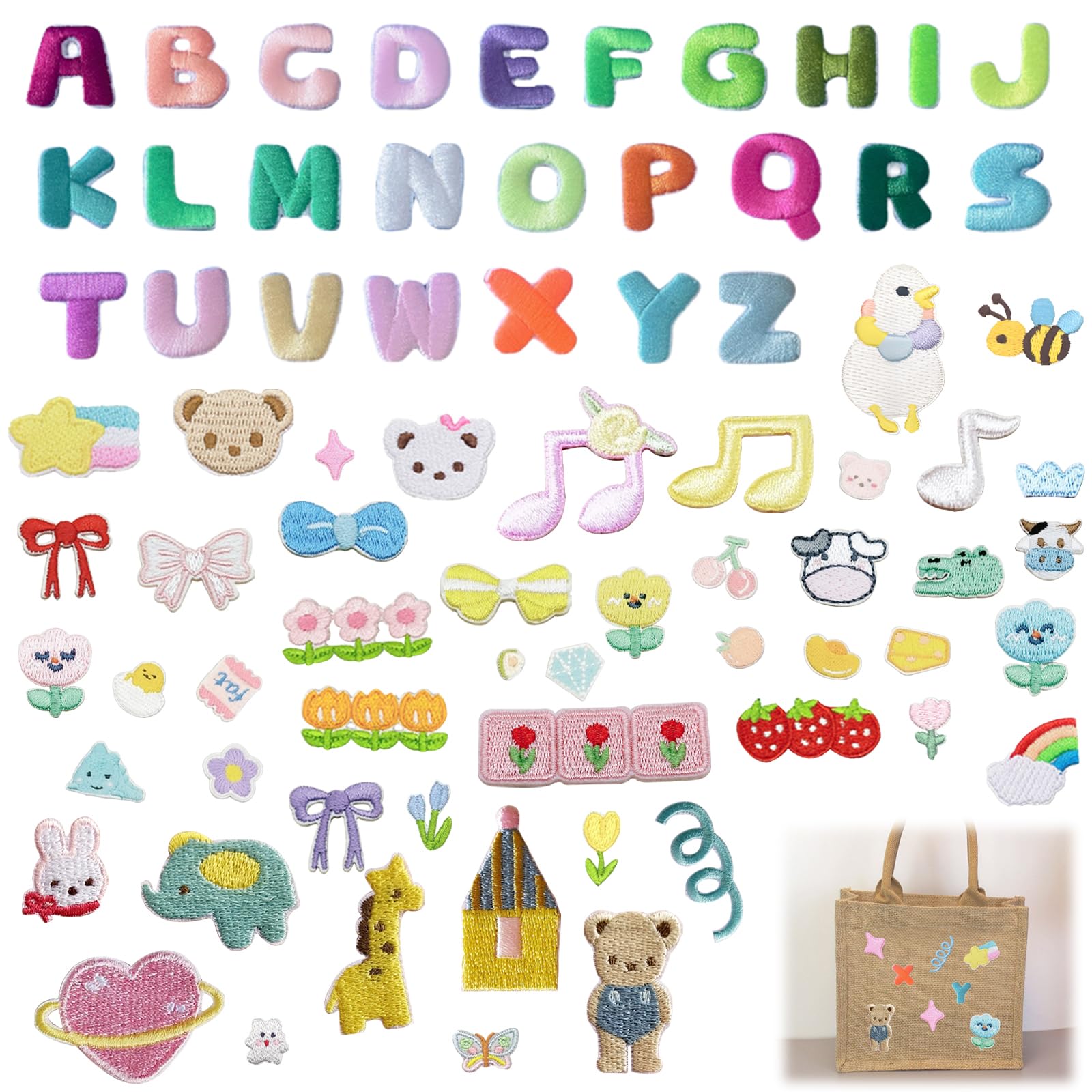 76 pcs Embroidered Patches Self-Adhesive, CNYMANY 26 pcs Letter Iron On Sticker and 50 pcs Cute Flower Animal Iron On Patches for Fabric, Clothes, Hat, Socks, Jeans,Backpacks