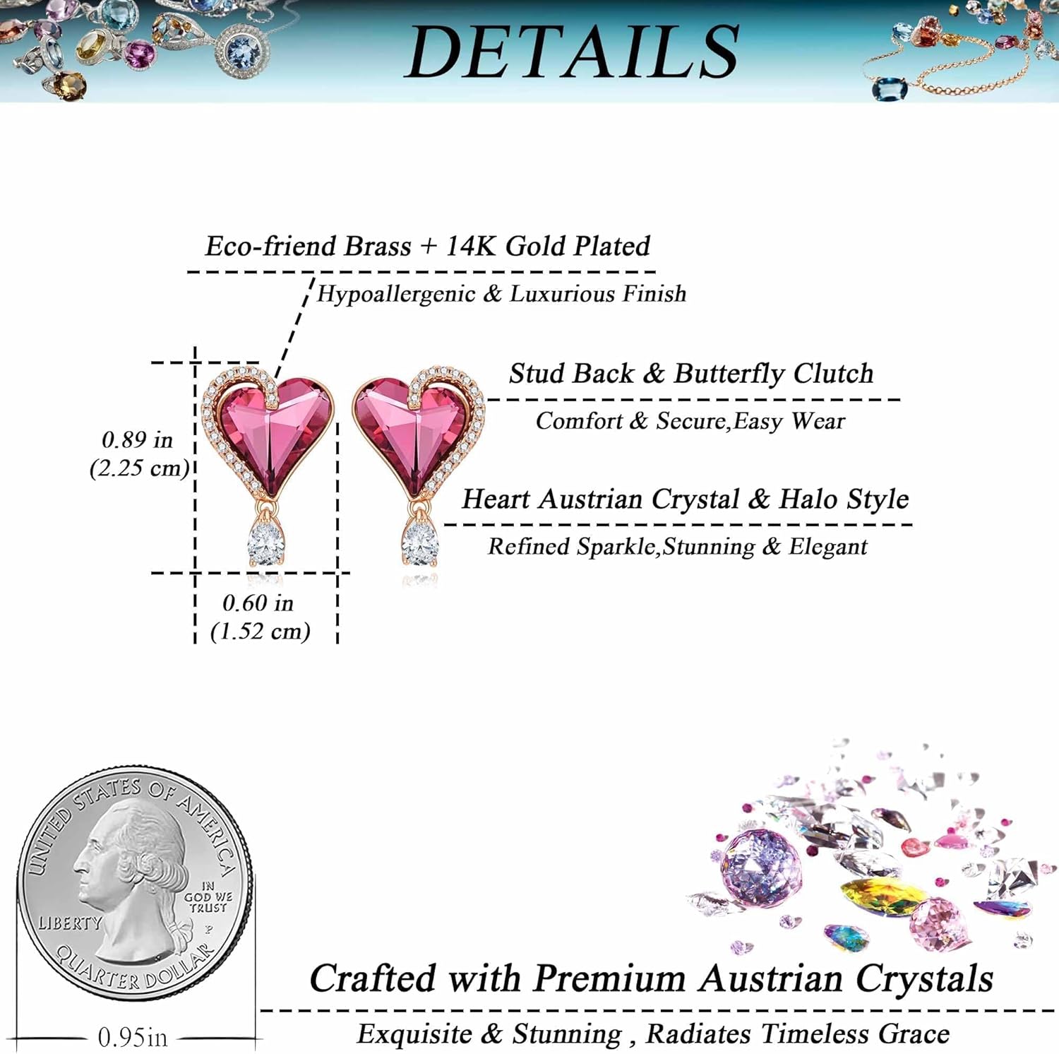 Austrian Crystal Heart Stud Earrings for Women Trendy Halo Drop Earrings 14K Gold Plated Hypoallergenic Jewelry - Image 5