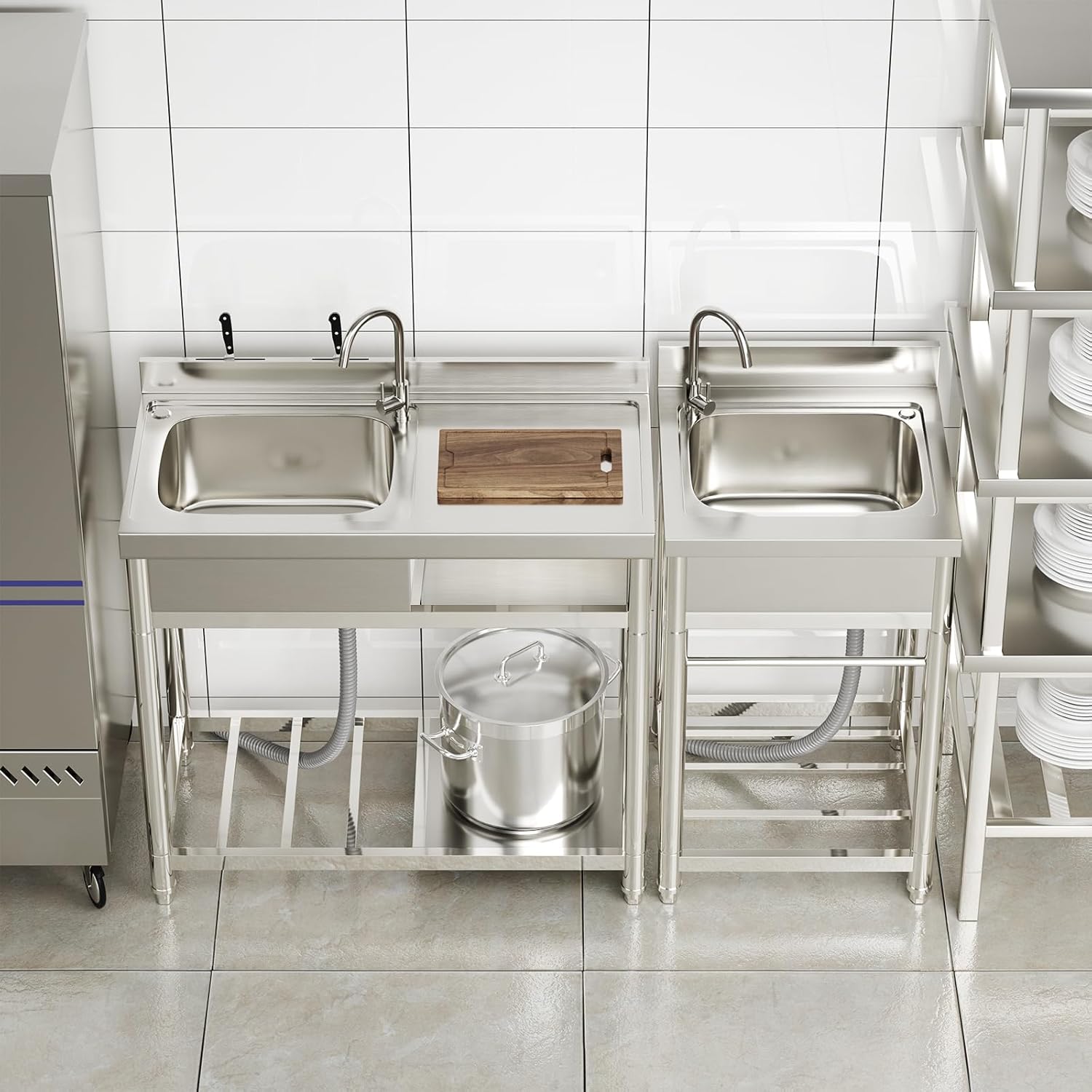 ROOMTEC 304 Stainless Steel Single Bowl Utility Sink Set, Commercial Restaurant Kitchen Sink, Outdoor Sink with Workbench & Storage Shelve with Hot and Cold Water Pipes (39 in (Left bowl))