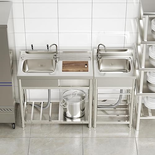 Miniatura 5 de ROOMTEC Juego de fregadero de acero inoxidable 304, fregadero de cocina de restaurante comercial, fregadero al aire libre con banco de trabajo y