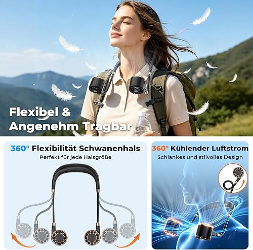 Nackenventilator, 4000mAh Tragbarer Halsventilator, 6 Stufen & 360° Luftstrom, 5-16 Stunden,Extrem Leise 10000 U/min USB Ventilator mit LED-Anzeige,Faltbarer Mini Lüfter für Freien,Reisen,Camping,Büro - 5