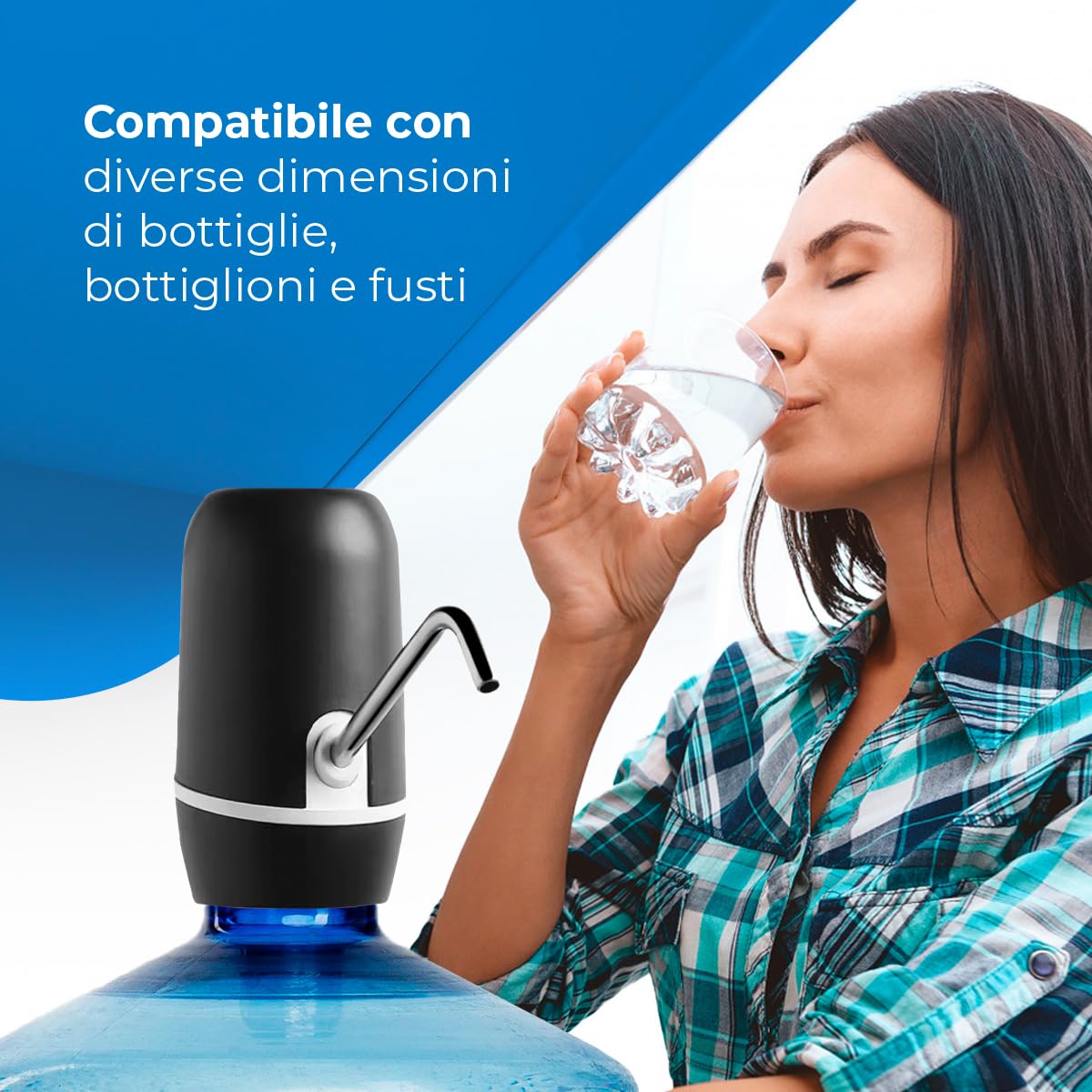 NK Dispenser di acqua – Dispenser automatico, ricarica USB, dosatore in acciaio, senza BPA, Acqua Fredda, 1200 mAh, 1,5 l, 5,7 l, 10 l, 11,3 l, 15 l, 18,9 l, (Colore Nero)