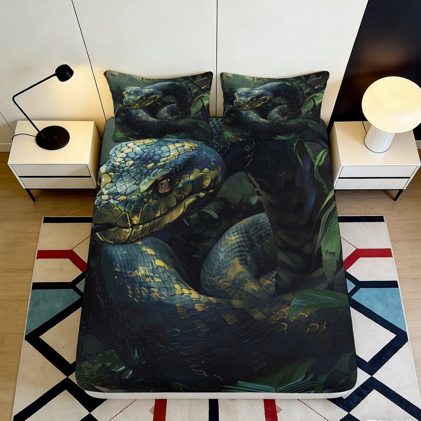 3D Printed Dark Jungle Snake Fitted Sheet Microfiber Soft Breathable Reptile Mattress Cover for Bedroom Dorm Decor 90x200x25cm