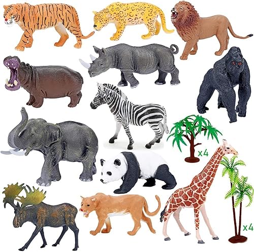 Miniatura 5 de BOLZRA Figuras de animales de safari con tapete de juego de actividades y caja de almacenamiento, juego gigante de plástico realista con león,