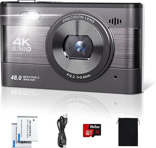 Cámara digital 4K para fotografía, cámara de vlogging de 48MP con tarjeta SD, cámara compacta de pantalla IPS de 3 pulgadas con flash, cámara de