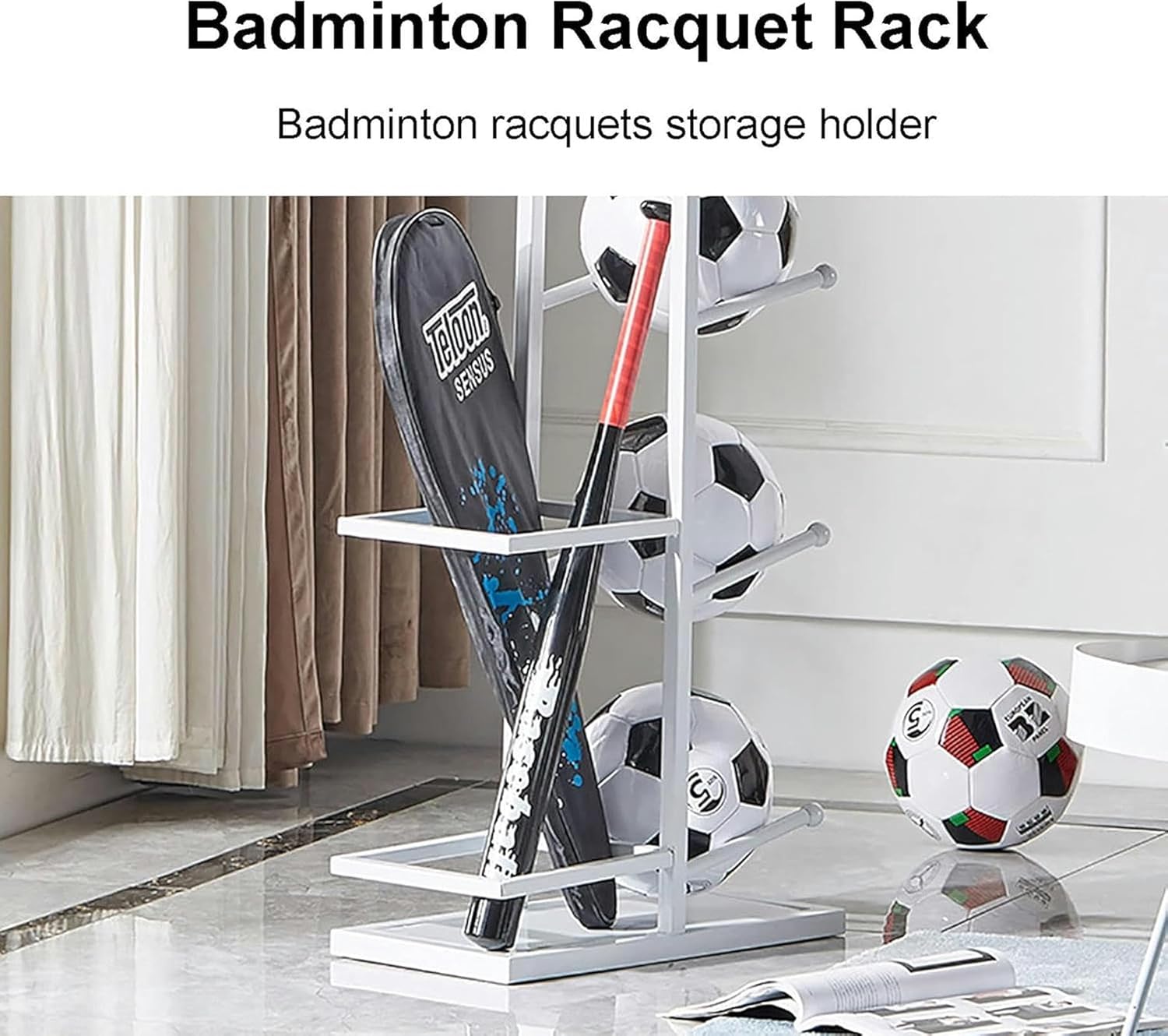 Basketball Ball Storage Rack Basketball Rack White Organizer Stand for Badminton Rackets Soccer Balls Volleyballs, Free Standing Sports Ball Display Holder, Playroom Gym