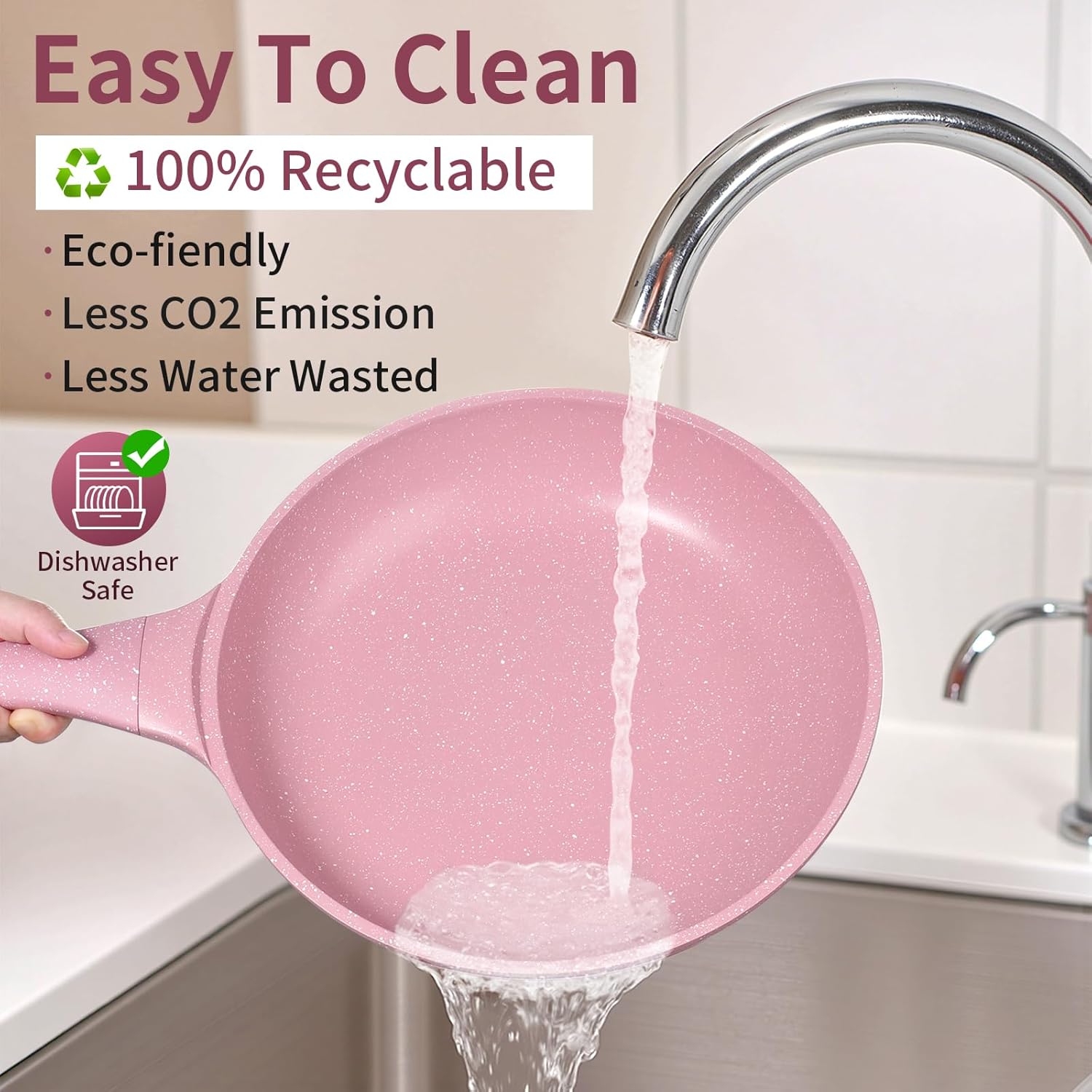 8 Inch Non Stick Frying Pans with Lid - 100% PFOA PFAS Free, Super Nonstick, All Stovetop Compatible Induction Gas Electric, Omelette & Egg Pan, Dishwasher Safe, Eco-Friendly Pink Pan - Image 4