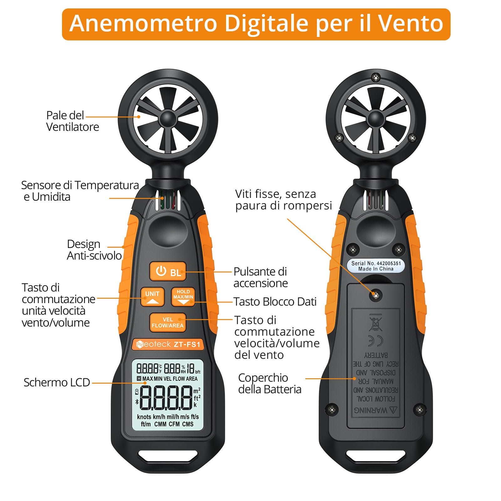 Neoteck Anemometro Digitale con LCD Retroilluminato Misuratore di Velocità del Vento Misura la Temperatura e Umidità del Vento Velocità CFM Anemometro per Barca Windsurf Vela Attività all'aperto