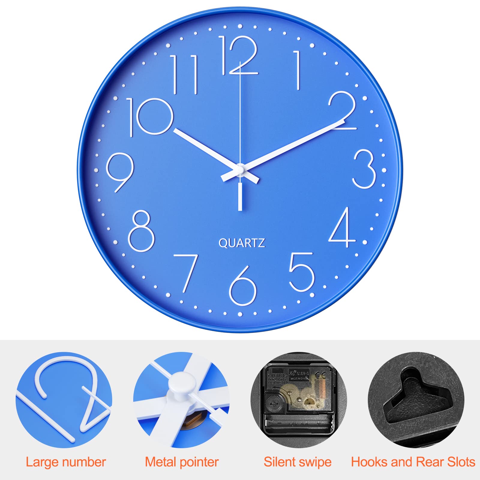 Uootach Zegar ścienny 30 cm (12 cali) nowoczesny cichy zegar ścienny, cichy mechanizm kwarcowy nowoczesny, minimalistyczny design, czarny, do salonu, kuchni, biura, sypialni(blue)