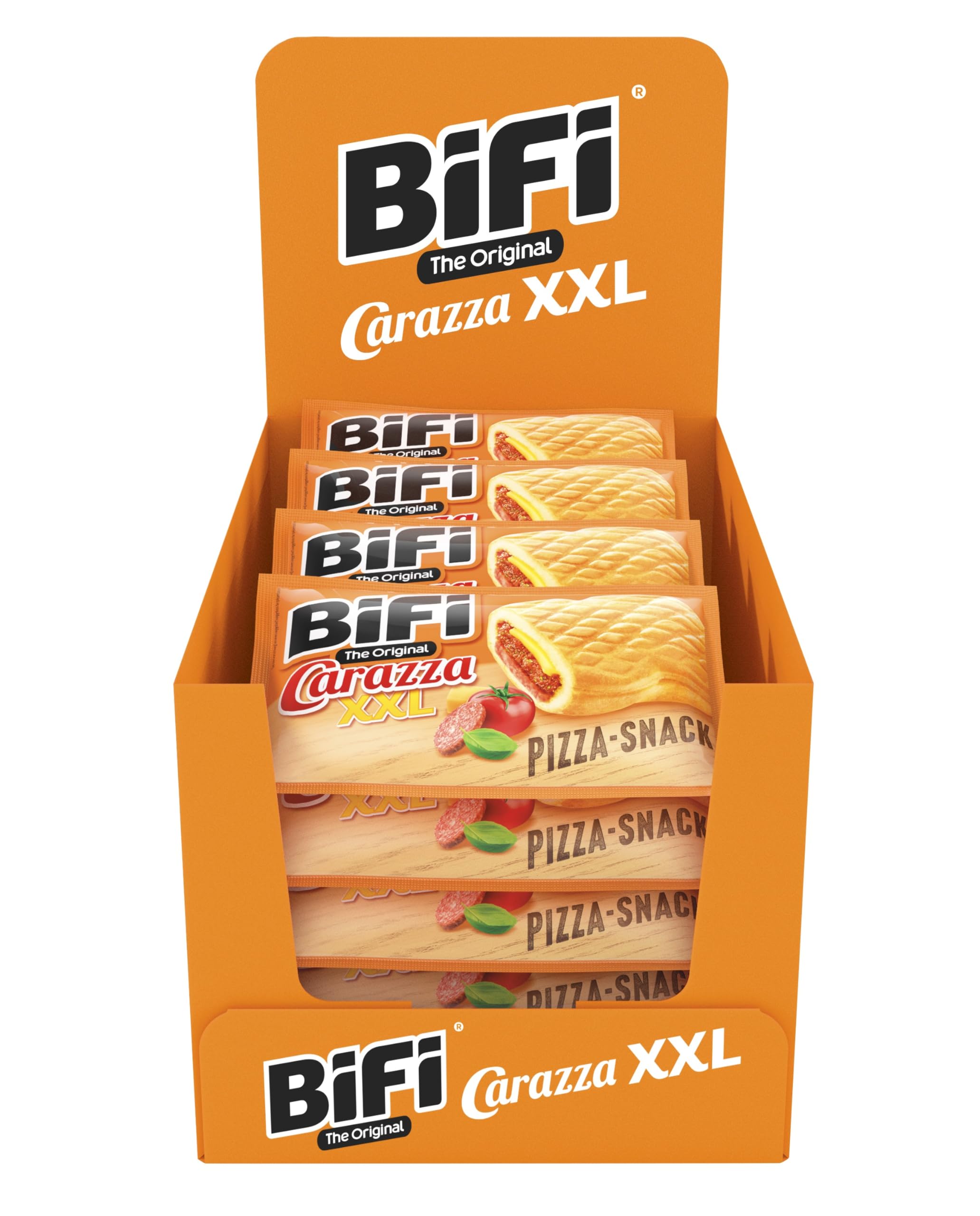 BiFi Carazza XXL – 16er Pack (16 x 75g) – Pizza Snack - Mini Pizza To Go - für Unterwegs, das Büro und die Mittagspause - mit Salami, Pizzasauce und Käse