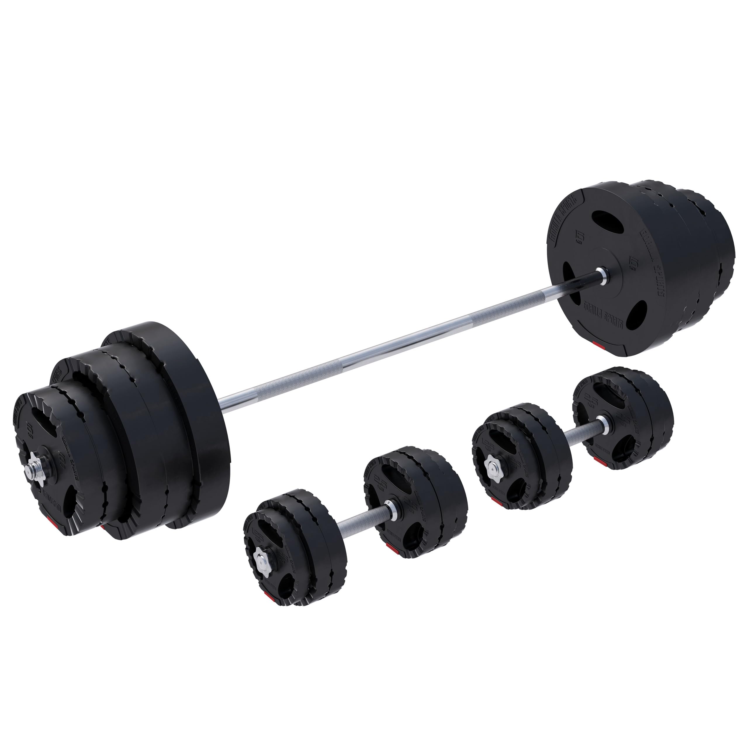 Gorilla Sports® Set Bilanciere e Manubri - 60kg, 100kg o 130kg, Ø 30mm, Barra 170cm, con Chiusure, Antiscivolo, Dischi in Plastica - Pesi Palestra, Piastre di Peso, Allenamento, Sollevamento, Fitness