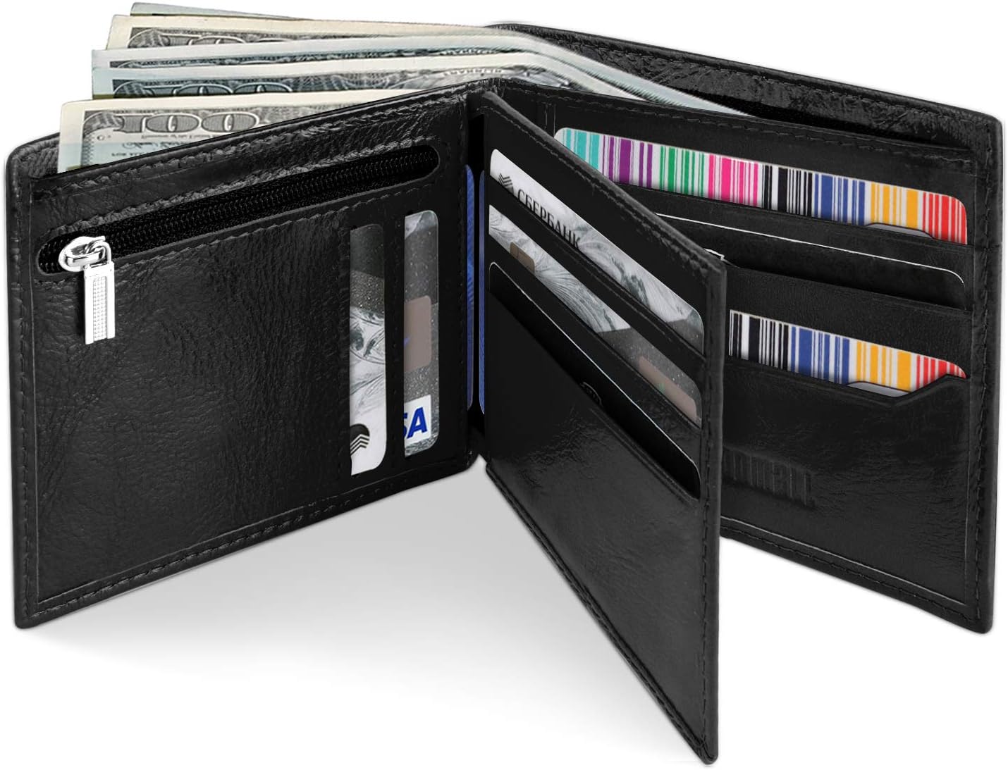 LYOOMALL Wallet for Men, Large Capacity Genuine Leather RFID Blocking Bifold Wallet/Credit Card Holder for Men, with Coin Pocket, Zipper Cash Pocket, ID Window and 10 Card Slots