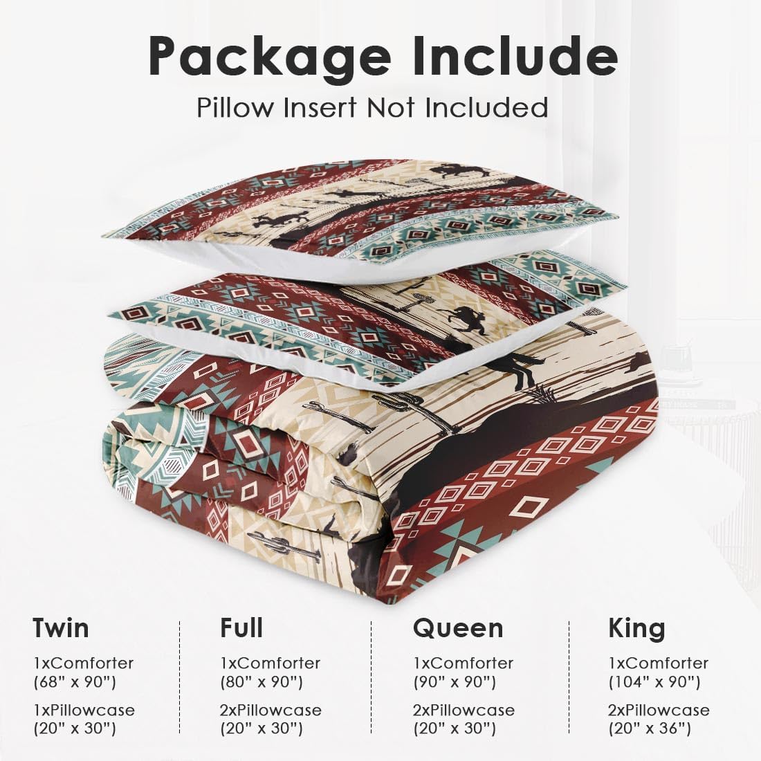 King Size Comforter Set with 2 Pillowcases, Tribal Cowboy Horses 3 Pcs Bedding for Kids and Adults, Retro Vintage Western Soft Comforter Set for Bedroom Bed Decor - Image 6