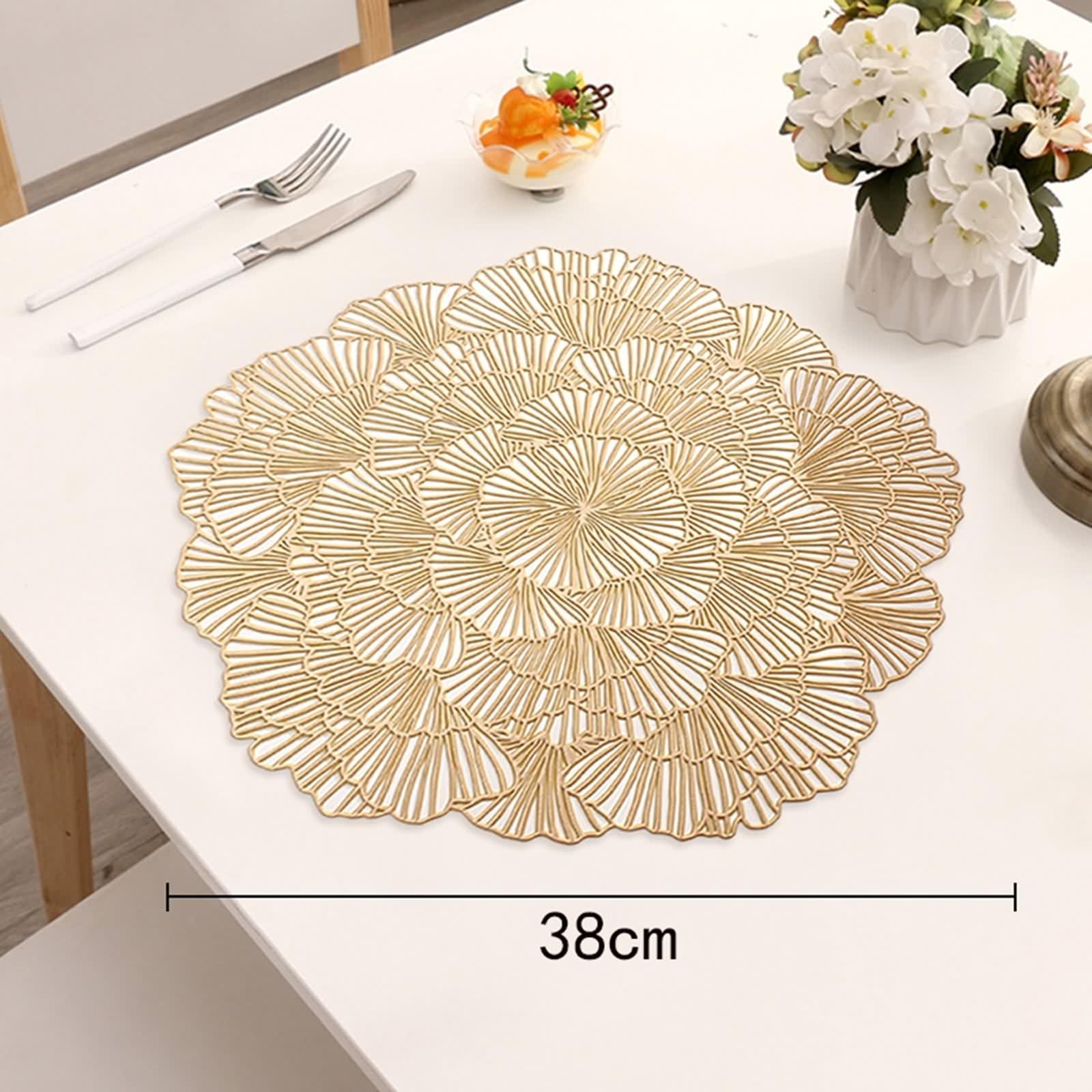 Salvamanteles de desayuno dorado, manteles individuales lavables vintage juego de 8 flores huecos PVC bajoplatos 38 cm