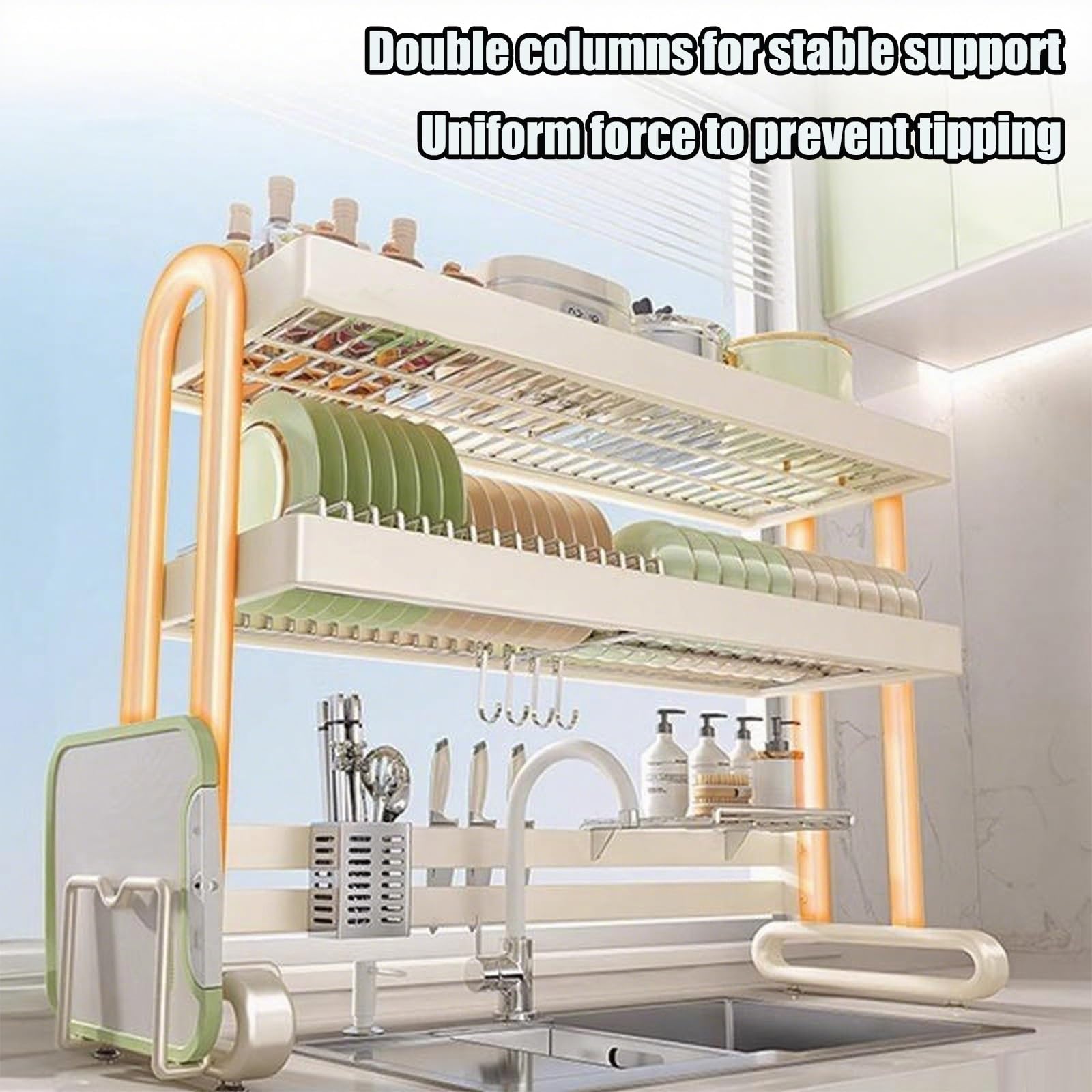 Escurreplatos grande sobre fregadero para organización de cocina, ideal para platos, vasos, cuencos y cubiertos, diseño de doble capa