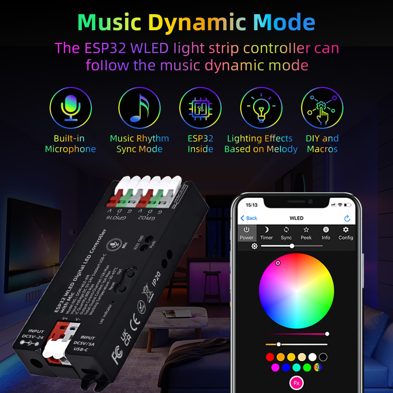 Controller WLED con Microfono, Controller Digitale ESP32 per Strisce LED RGB, RGBW, DC5-24V Controllers WLED Digitale Indirizzabile per Strisce LED WS2811, WS2812B, SK6812, WS2805