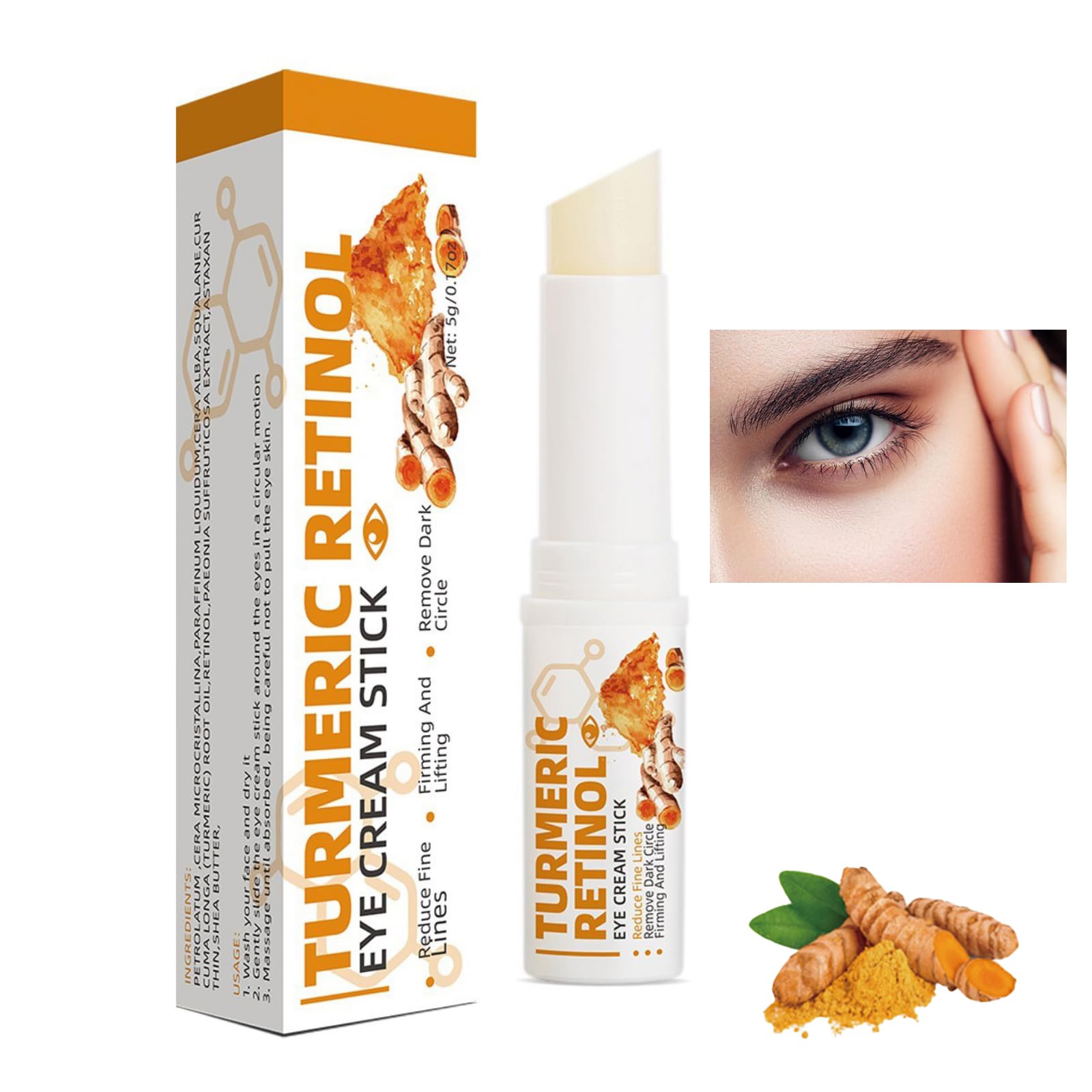 Turmeric Retinol Eye Stick Balm, Moisturizing Eye Cream Stick for Puffiness and Bags, Anti Aging Undereye Balm for Dark Circles Fine Lines (1 Pc)