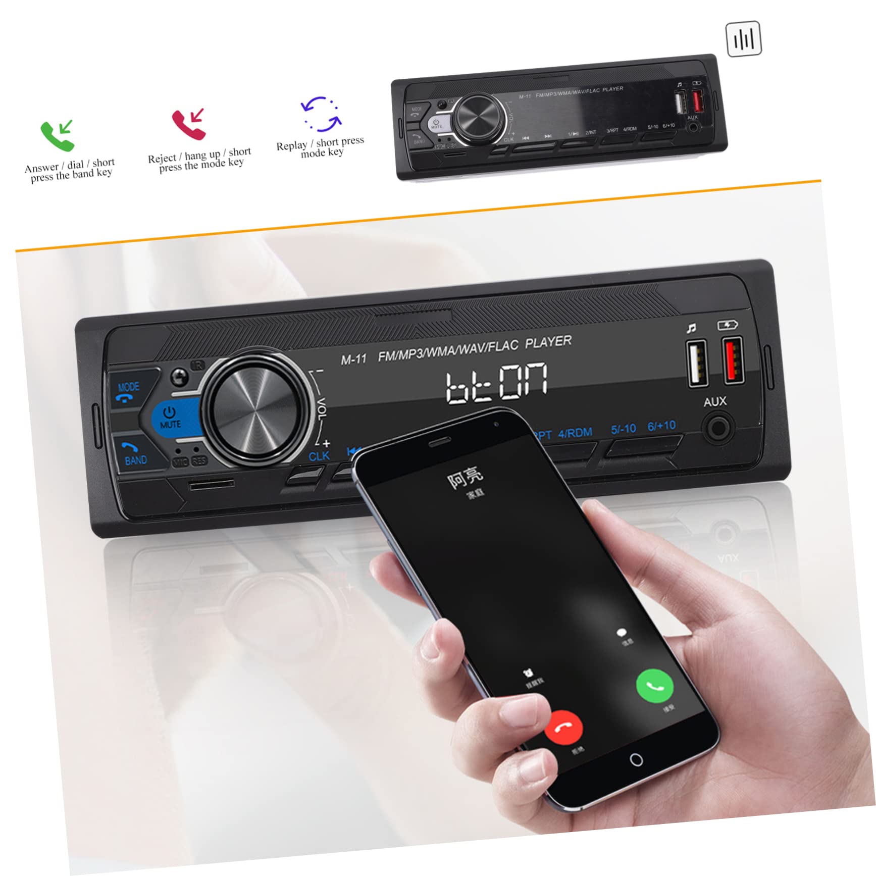 Reproductor de Mp3 para Coche 12 V con Conexión Inalámbrica y USB | Negro Abs, Versión 5.0, 2 Puertos USB 2.0 Frontales, Mando a Distancia Incluido