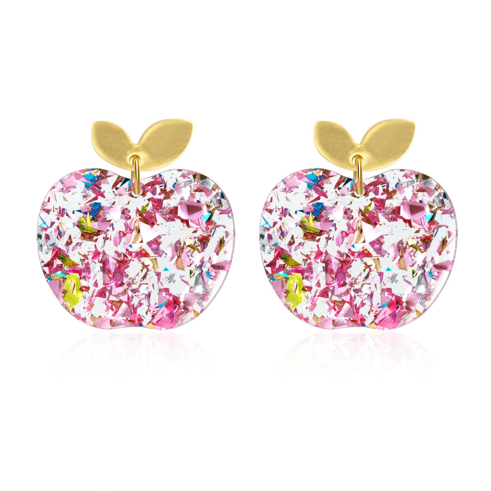 Teacher's Earrings for Women - Cute Pink Apple Glitter Lightweight Acrylic Stud Earrings for Teacher Appreciation Day