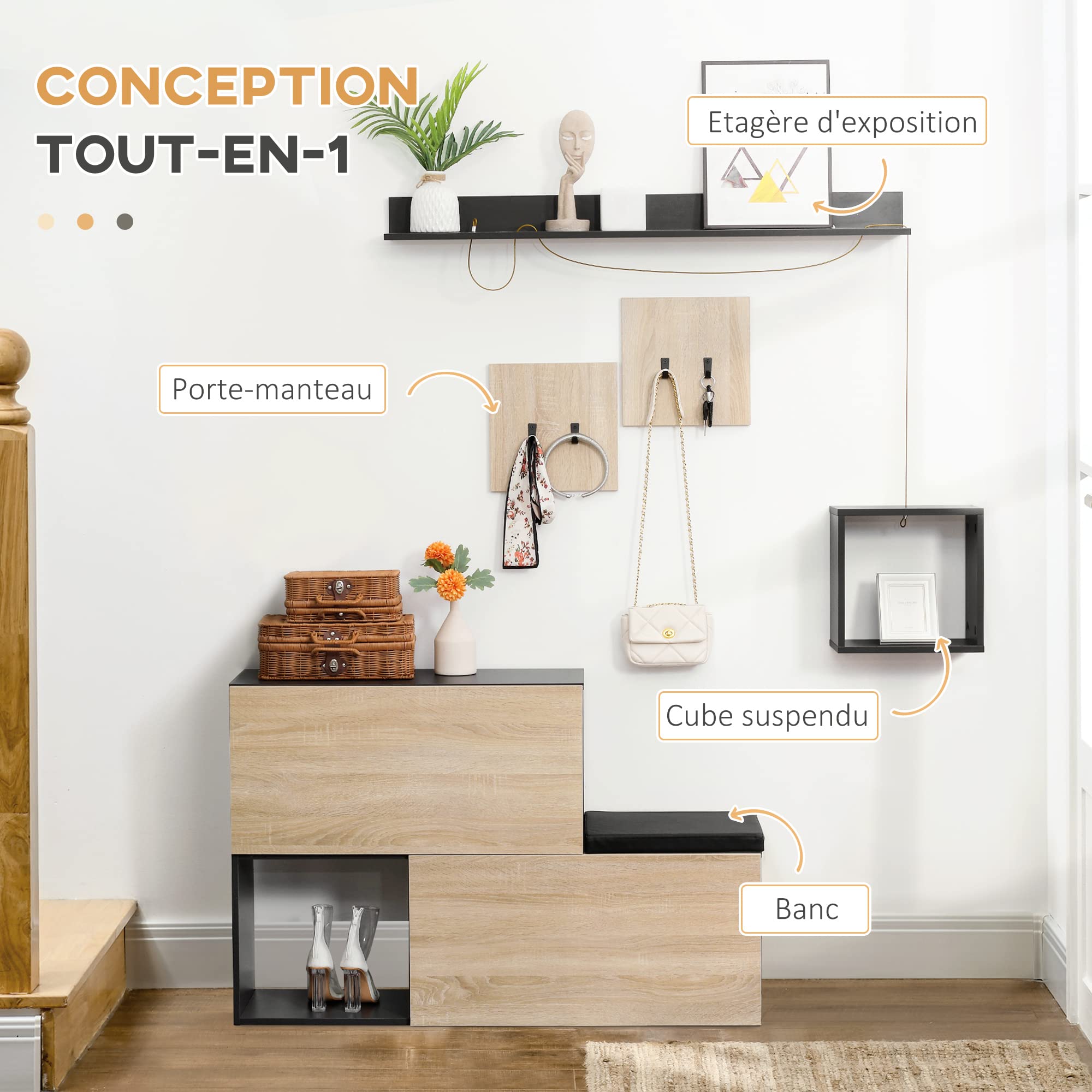 HOMCOM Set Mobile da Ingresso con Attaccapanni, Scarpiera con Panca, Mensola e Scaffale a Cubo in Legno, Grigio e Naturale