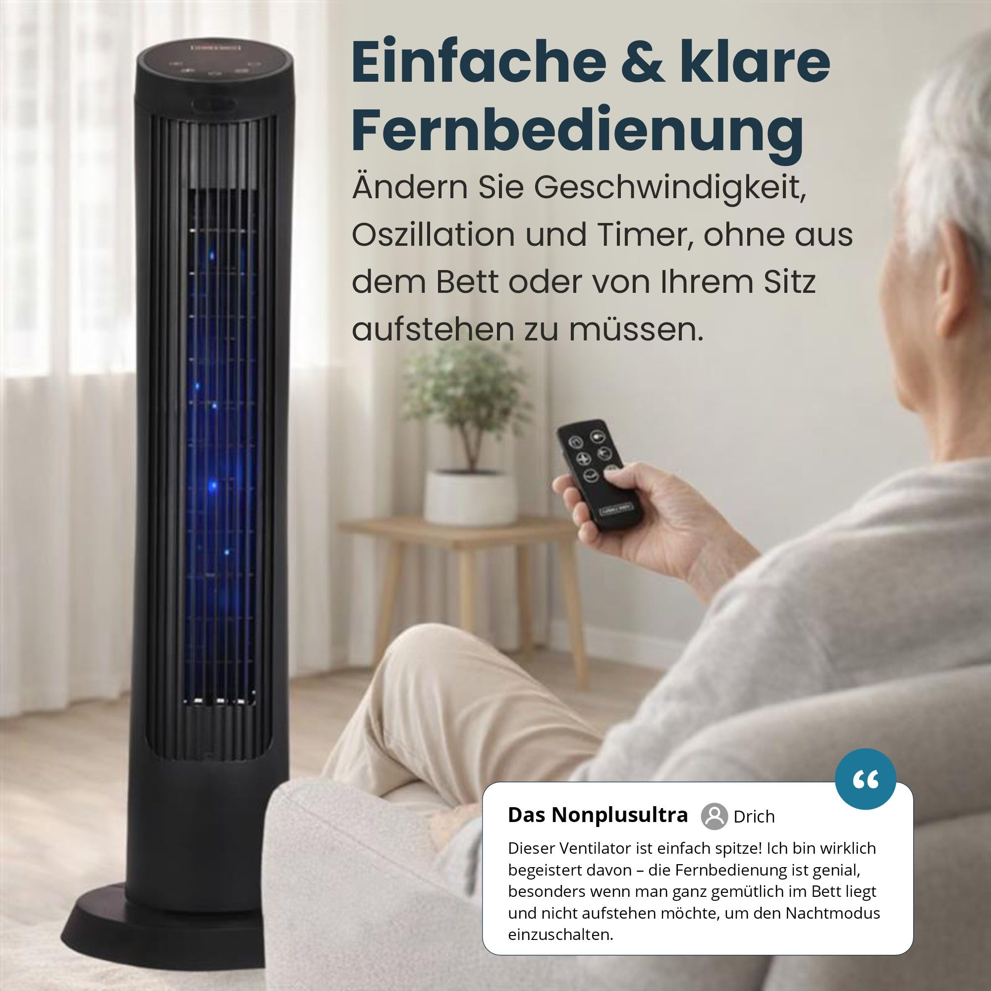 Olsen & Smith Turmventilator mit Fernbedienung | Leiser 27-dB-Ventilator fürs Schlafzimmer | 91 cm (36 Zoll) Standventilator 4 Geschwindigkeitsstufen, 7,5 m/s Oszillationsfunktion mit 12-Stunden-Timer
