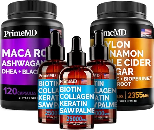 5 en 1 canela de Ceilán (120 ct), 4 en 1 biotina colágeno queratina Saw Palmetto (2 onzas líquidas - 3 unidades) y raíz de maca Ashwagandha 6 en 1
