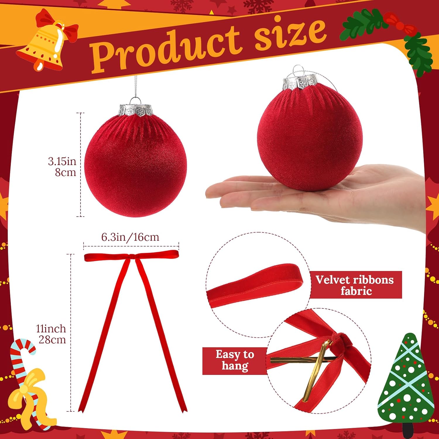 Riceshoot 45 Pcs 3.15 Inch Velvet Christmas Tree Ornaments Set Include 15 Christmas Balls and 30 Vintage Bows Hanging Ornaments for Xmas Tree Door Garland Holiday Anniversary Party (Red)