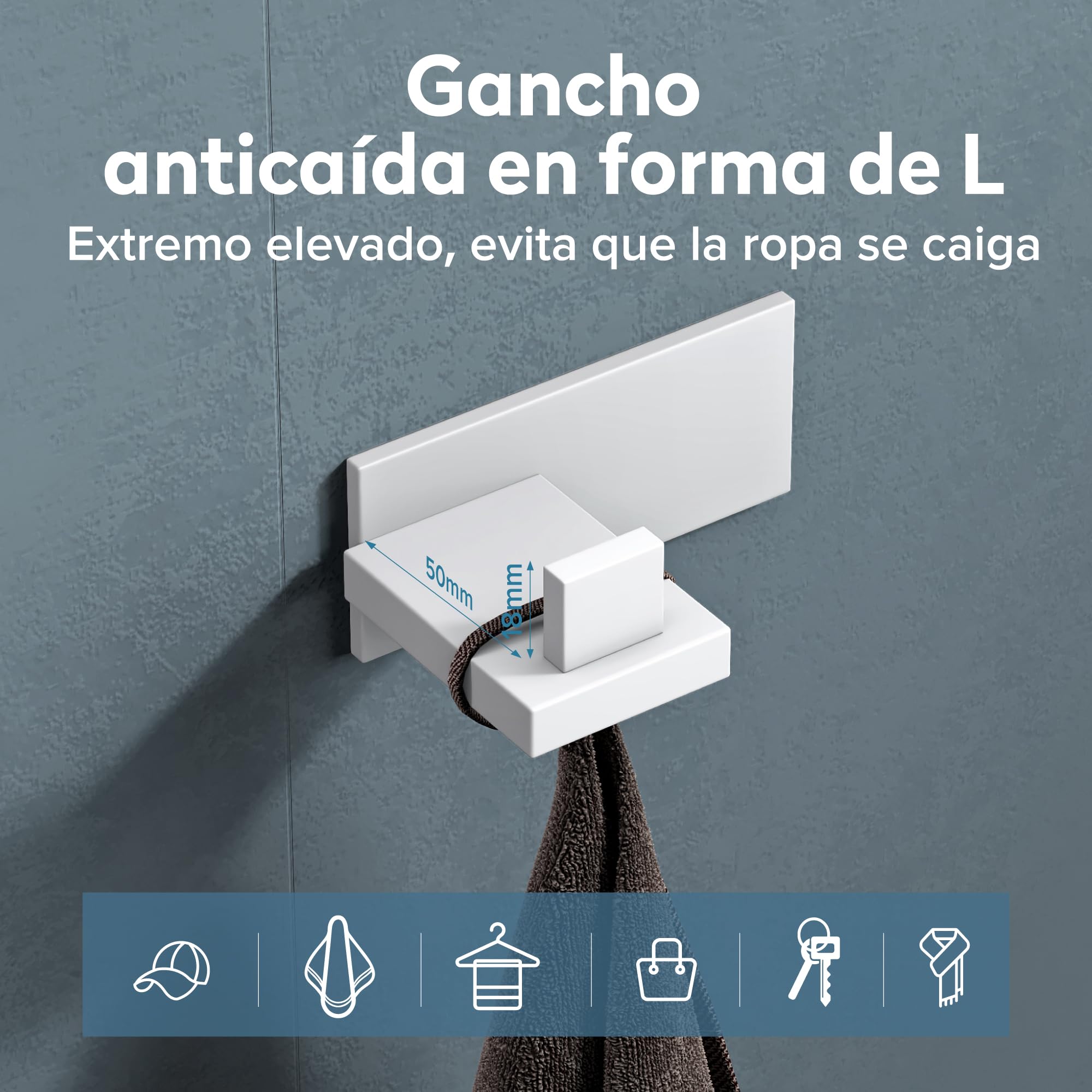 doporro Gancho de Pared Simple de Acero Inoxidable 304, Antióxido y Antideslizante, Instalación sin Taladros o con Tornillos, Blanco Mate, 6 Unidades, Stalo-06