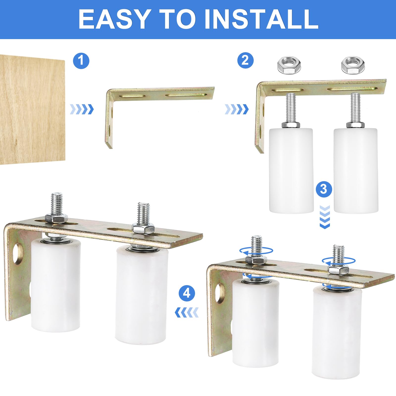 QUARKZMAN 2Pcs Rodillo Guía para Puerta Corredera, 2" Rodillos de Nylon Conjunto de Soporte y Bracket en Forma L, Rodillo Guía Universal con Rodamiento Bolas Sellado, Blanco