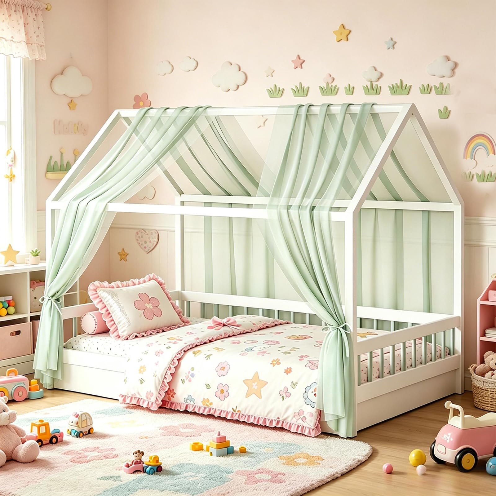 MeYuxg Lot de 2 Baldaquins de Lit de Maison pour Décoration de Lit de Maison, 150 x 350CM Anti-Moustiques Ciel de Lits en Coton Bio, Rideau de Lits Respirant en Mousseline pour Enfant (Vert)