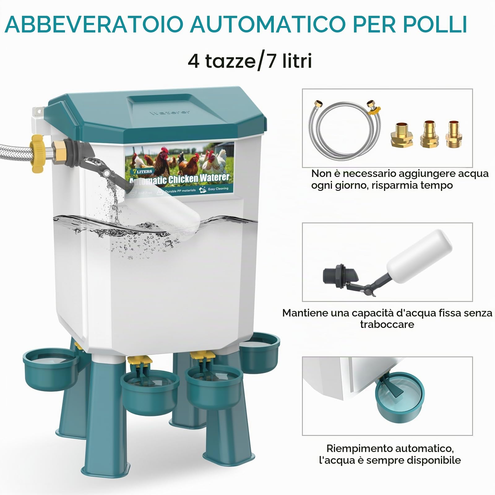 Abbeveratoio galline automatico 7 litri con piedini, galleggiante filtrato, tubo in acciaio inossidabile da 1,5 m, distributore automatico di acqua gallina, mangiatoia per galline anti nocivi