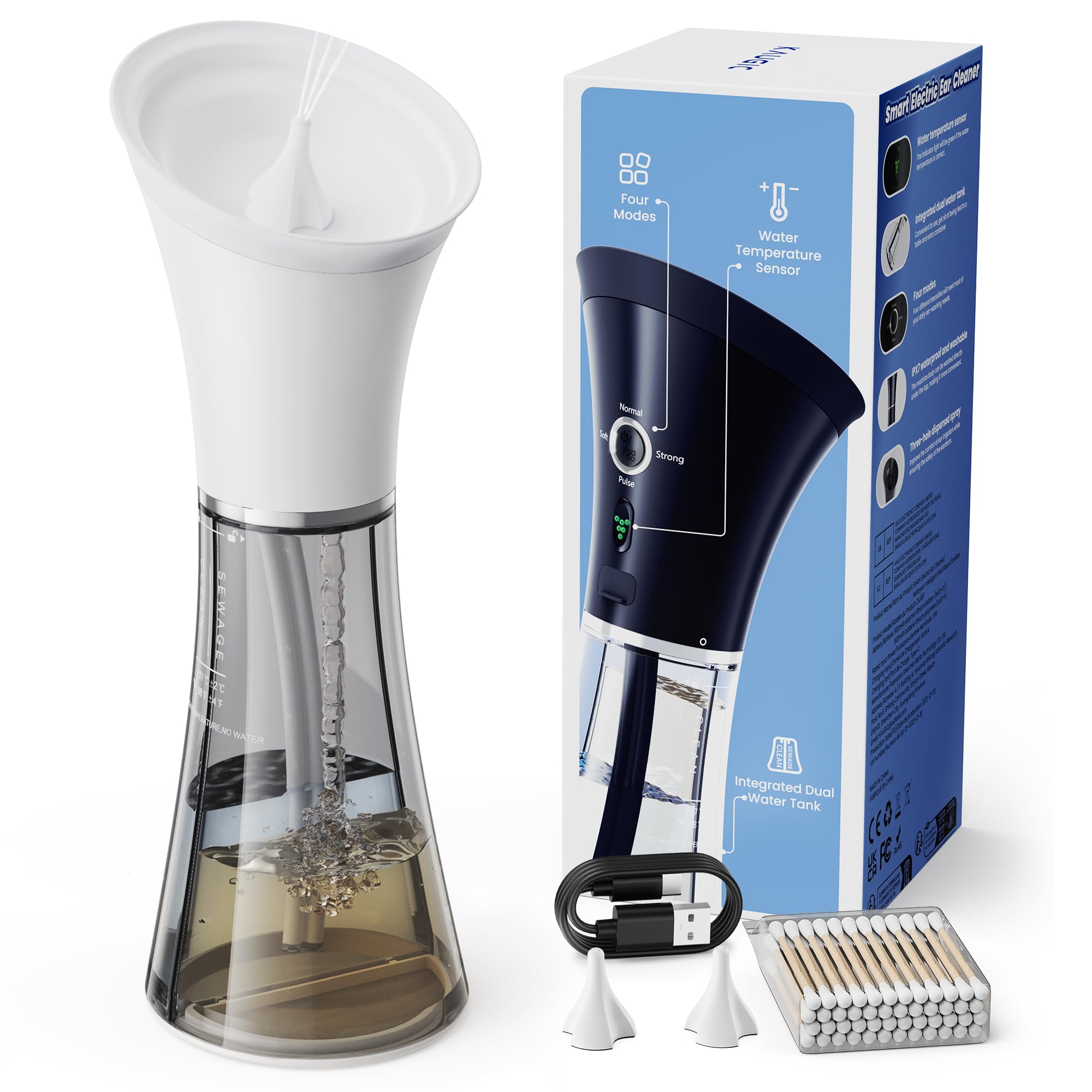 KAUGIC Upgraded Ear Wax Removal with One-Piece Waste Tank, Safe Cleaner with Water Temperature Sensor, Effective Ear Irrigation Kit, IPX7, FSA-HSA-Eligible, White