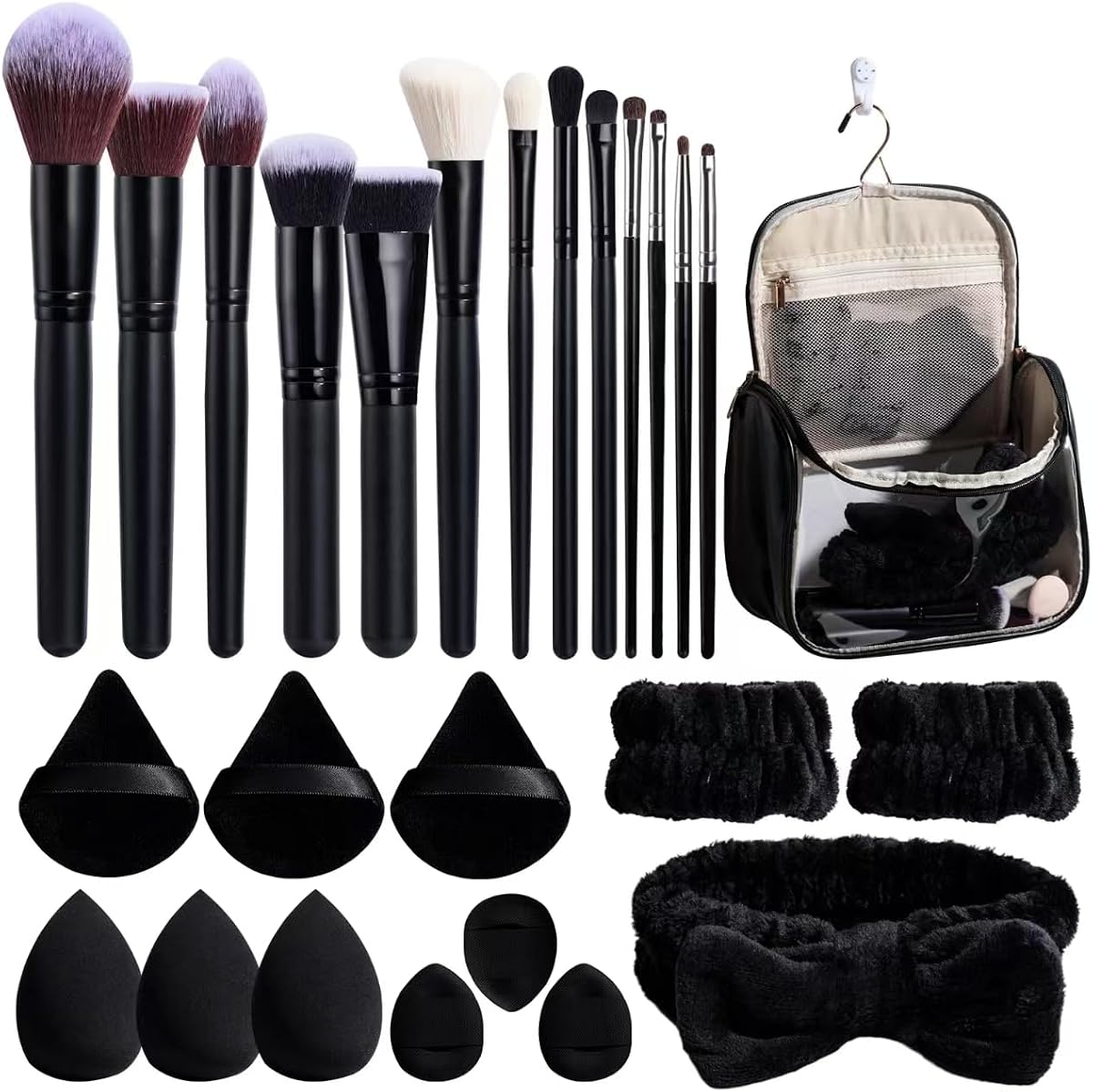 Makeup Brush Set with Waterproof Travel Bag & Makeup sponges -26 Pcs Set Triangle Puff & Face Washing Puffs,Face Wash Headband Wristband for Travel Go Camping Gift & Makeup Beginners (Black)