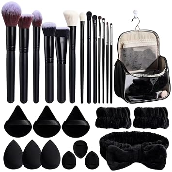 BS-MALL Makeup Brush Set with Waterproof Travel Bag & Makeup sponges -26 Pcs Set Triangle Puff & Face Washing Puffs,Face Wash Headband Wristband for Travel Go Camping Gift & Makeup Beginners Black