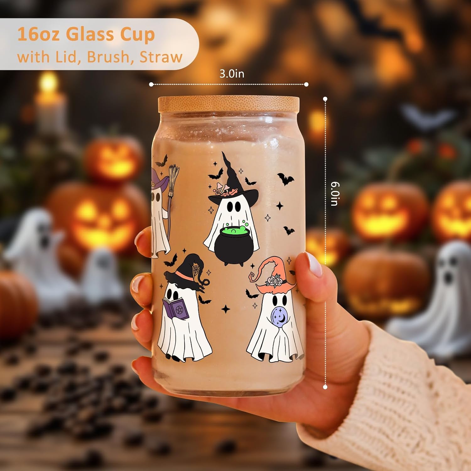 Fairy's Gift Witch Ghost Halloween Cup, Spooky Iced Coffee Glass Tumbler